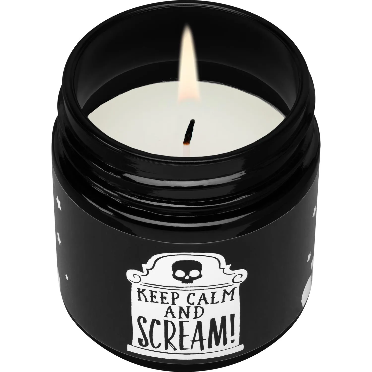 Schwarze Kerze im Glas mit Keep Calm and Scream!-Label und Schädel-Motiv