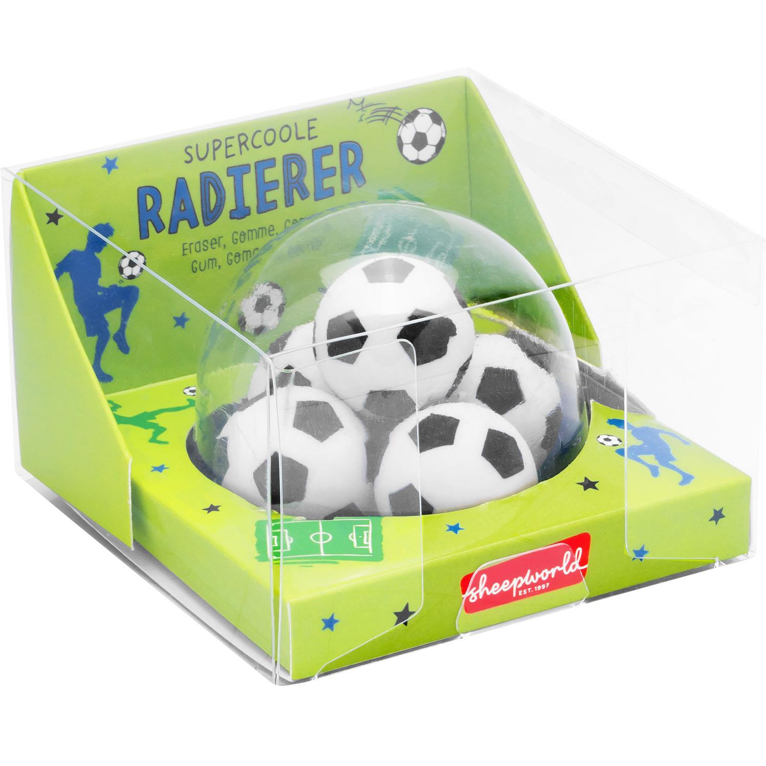 Radierer-Set »Fußball« in gelb-grüner Verpackung mit fünf fußballförmigen Gummi-Radiergummis.