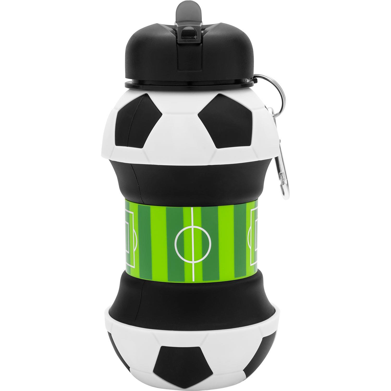 Faltbare Fußball-Trinkflasche, grün-schwarz-weißes Ballmuster, 550 ml, mit Karabiner.