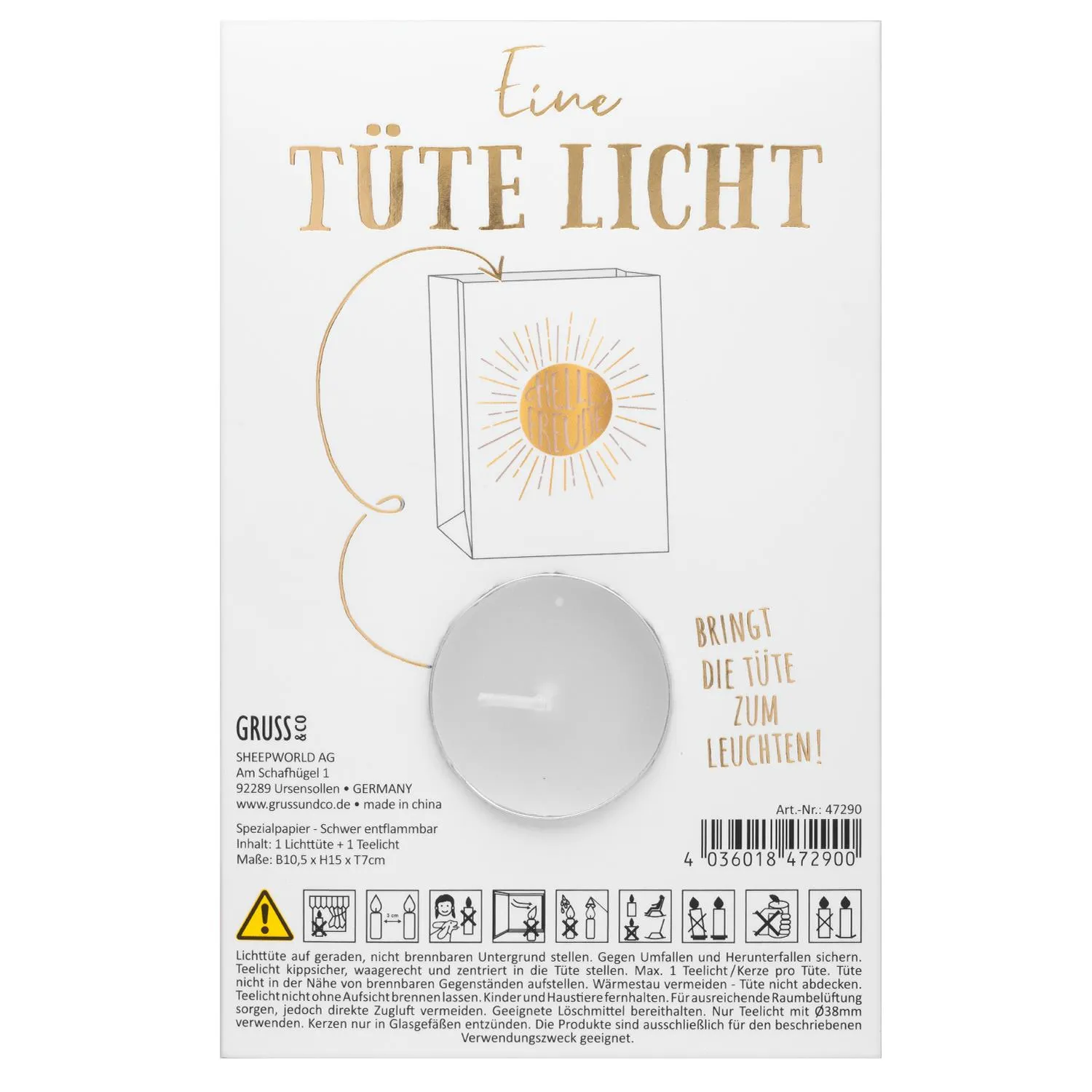Weiße Lichttüte mit goldenen Sonnenmotiven, inkl. Teelicht, aus schwer entflammbaren Papier.