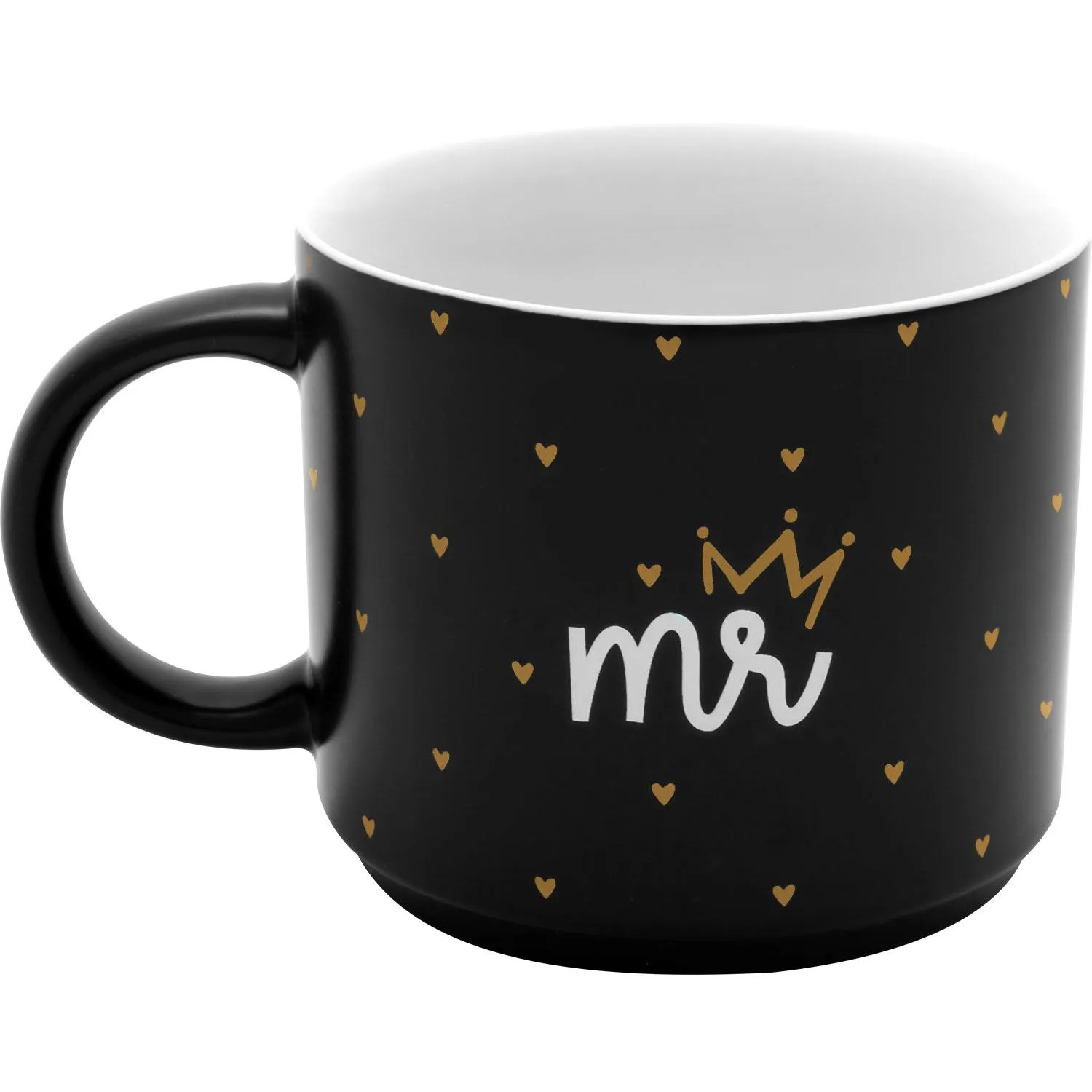 Schwarze Porzellan-Tasse mit goldenen Herzen und dem weißen Mr-Krone-Motiv.