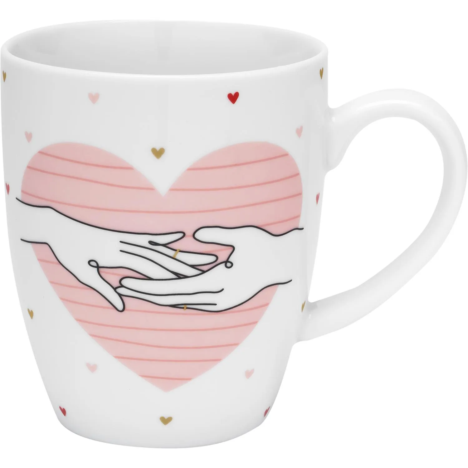Weiße Porzellantasse mit rosa Herz- und Hände-Motiv