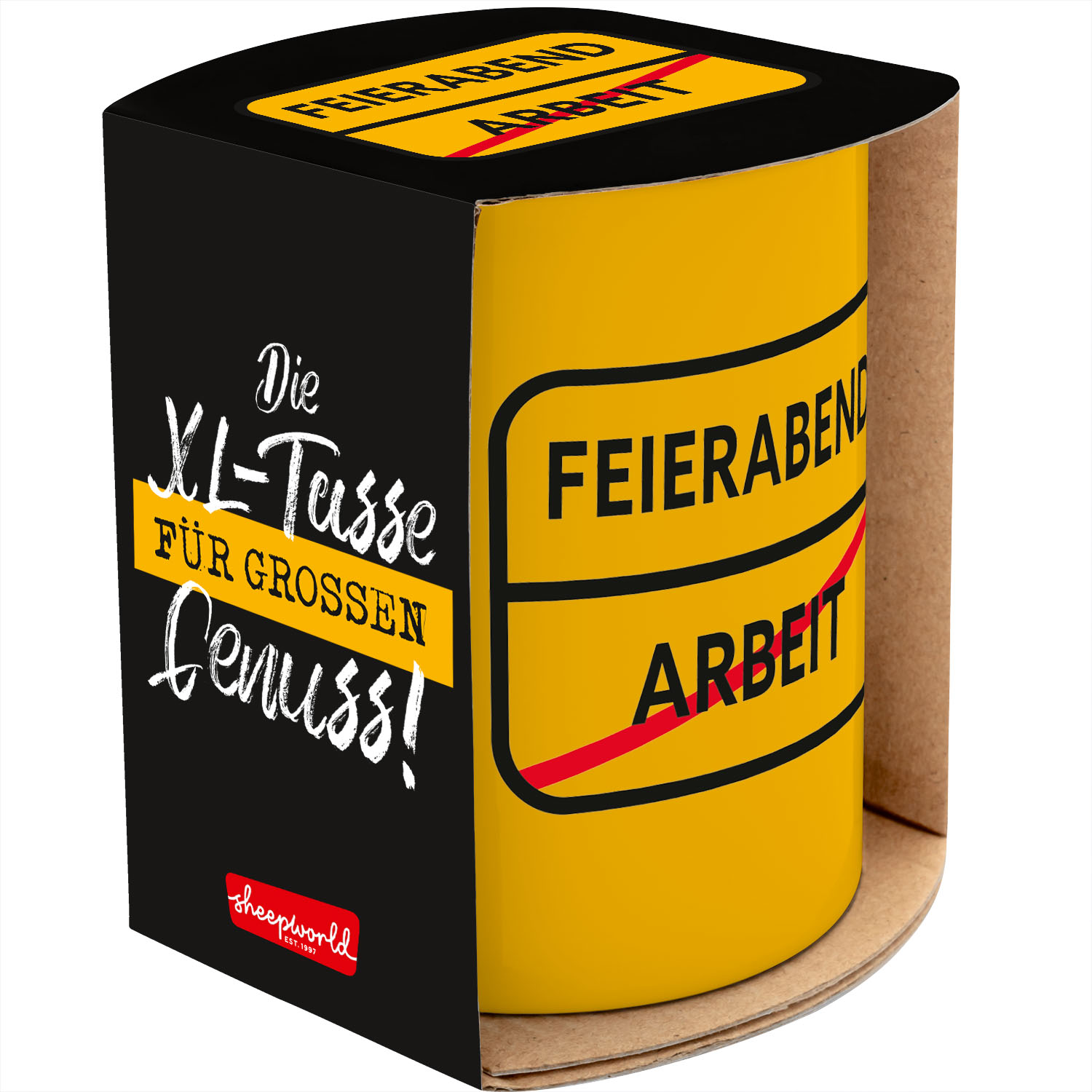 Gelbe XL-Tasse aus Porzellan mit Feierabend-Motiv und 600 ml Fassungsvermögen