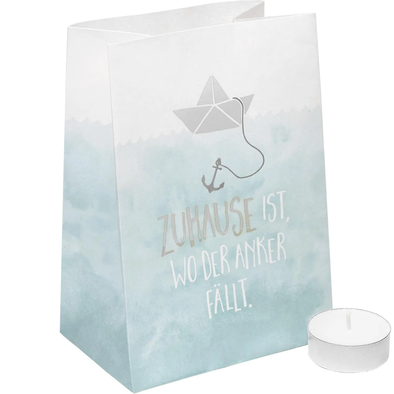 Lichttüte mit Anker- und Papierboot-Motiv in Pastellblau, inkl. Teelicht (schwer entflammbares Papier).