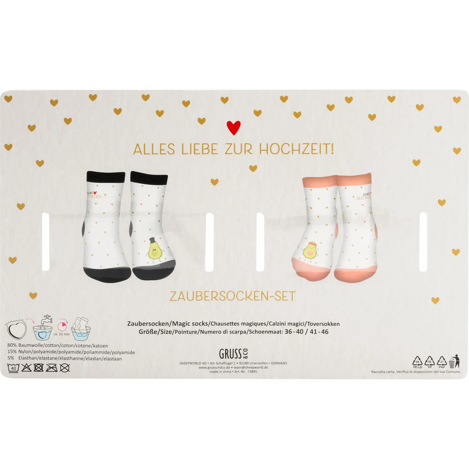 Zaubersocken-Set zur Hochzeit: zwei Paar Socken mit Herzchenmuster und pfirsichfarbenen Details