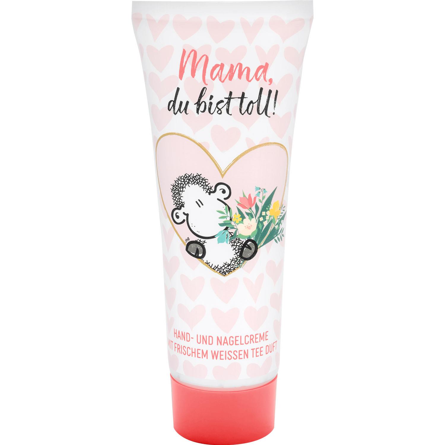 Handcreme-Tube mit Herz- und Schaf-Motiv, rosa Herzen und Blumen im Herz.