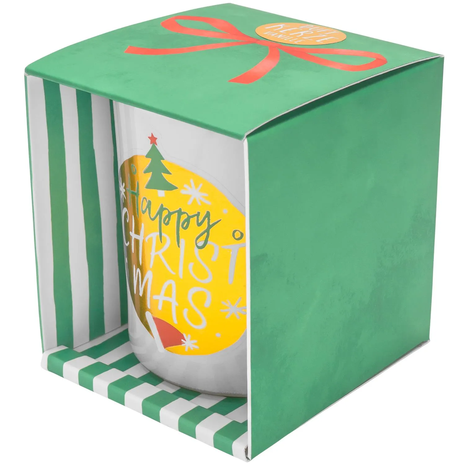 Duftkerze im Glas in Geschenkverpackung, grüne Box, goldene Prägung, Vanilleduft.