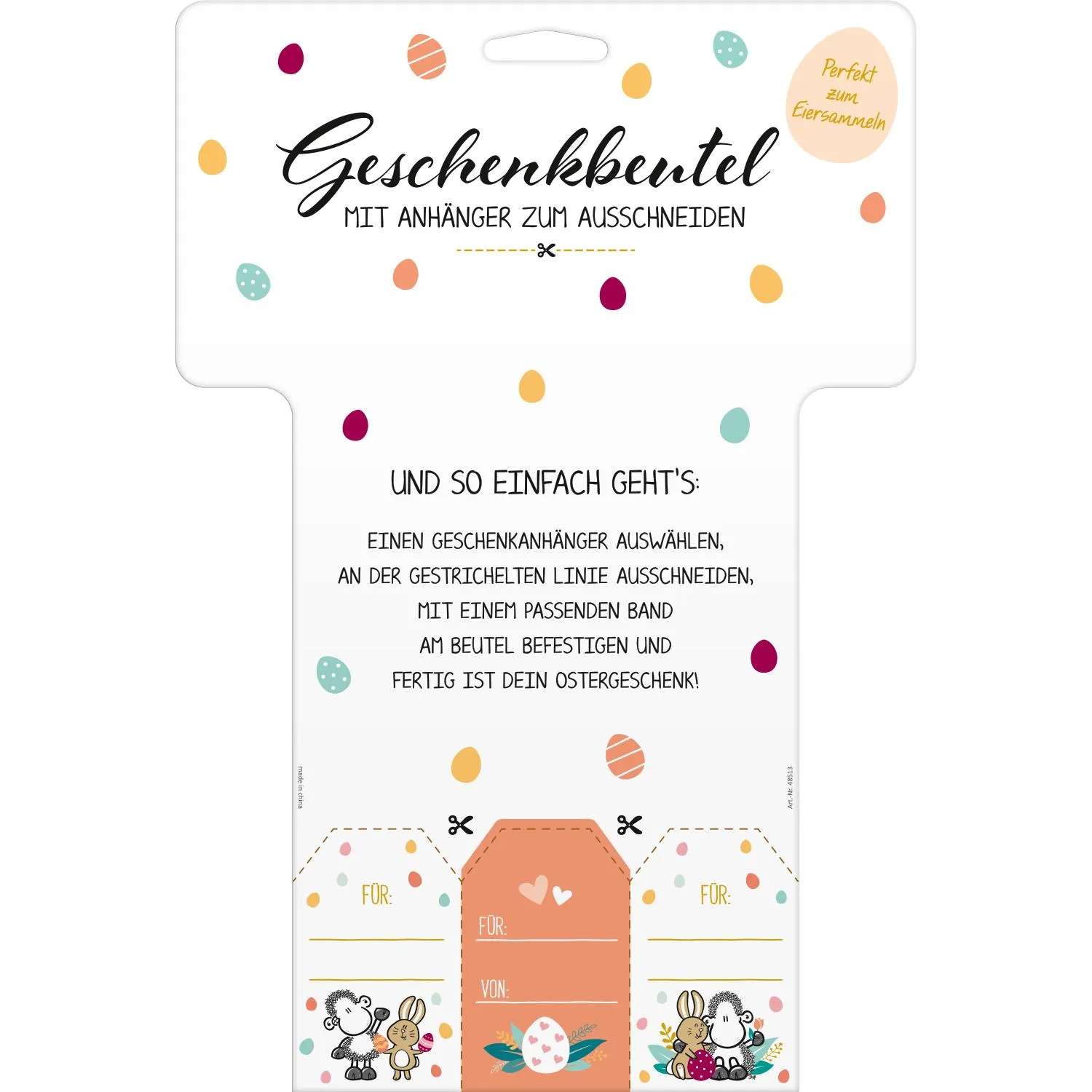 Pastellfarbener Geschenkbeutel mit Schäfchen- und Ostereiermotiv zum Verschließen