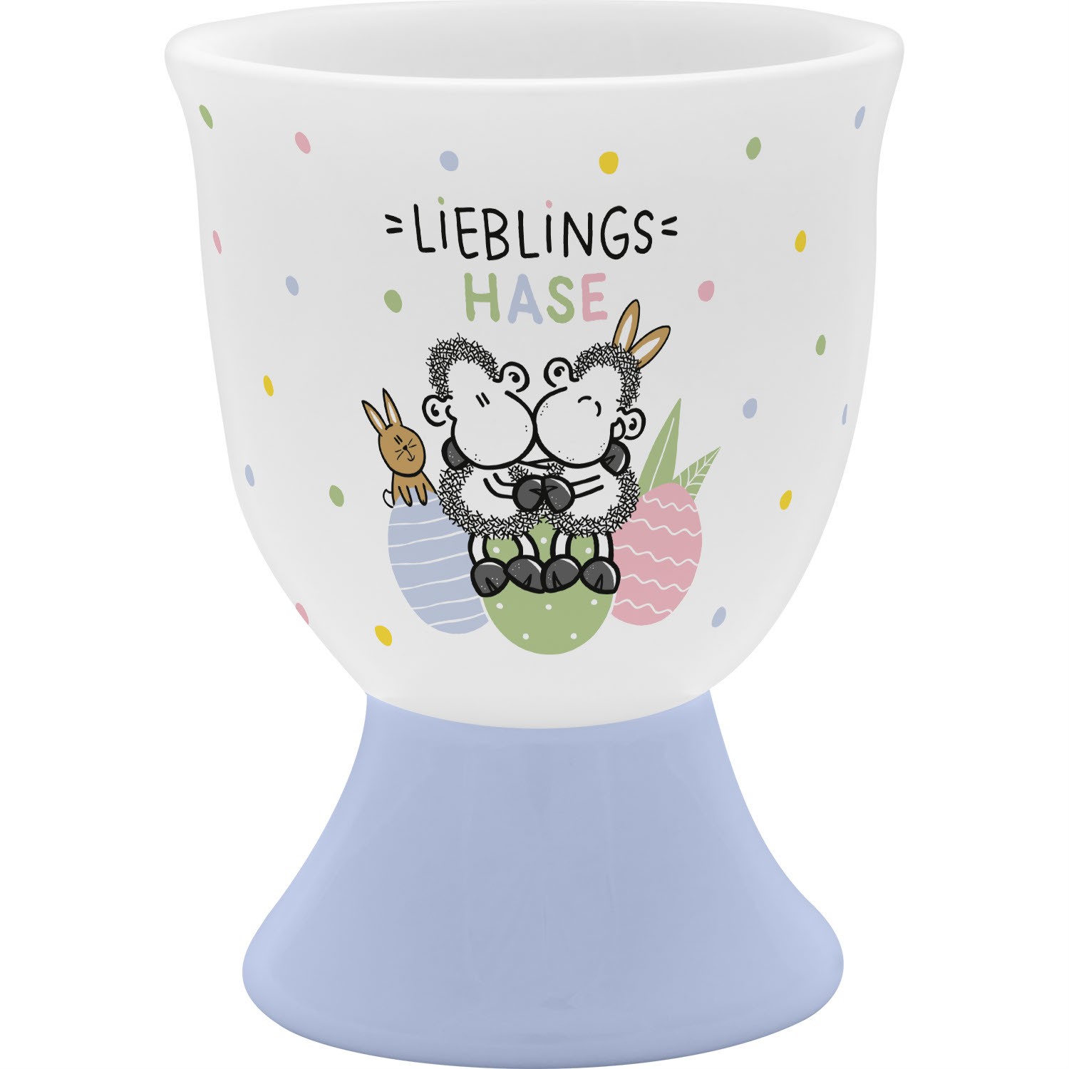 Porzellan-Eierbecher mit pastellblauem Sockel und Hasenmotiv 'Lieblingshase'.
