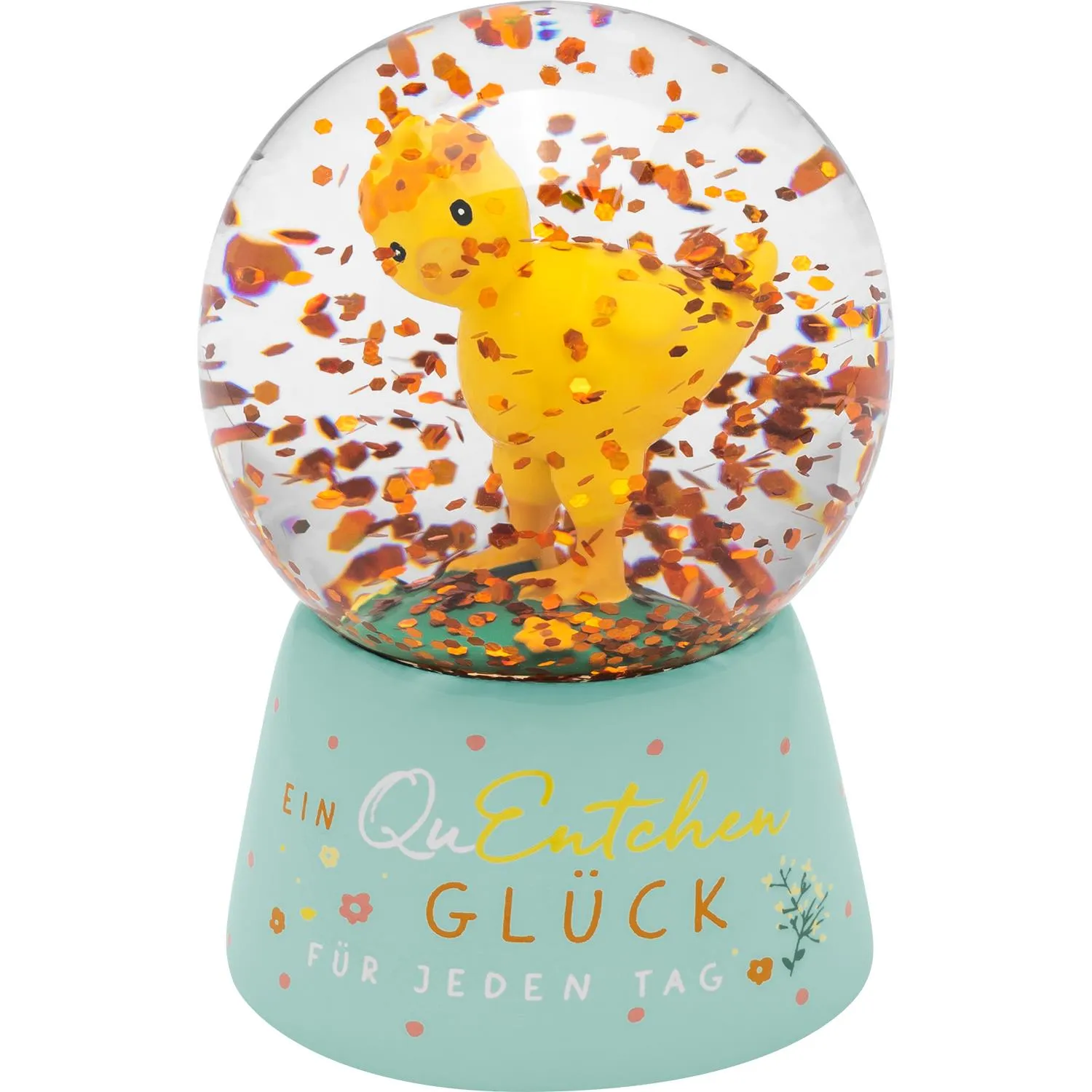 Schneekugel mit gelber Entchen-Figur in Glas, pastelblauer Sockel, 6,5 cm hoch, 4,5 cm Durchmesser