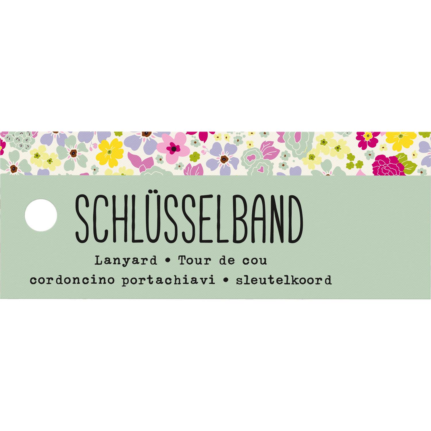 Schlüsselband mit pastellgrünem Tag, floralen Akzenten und Goldkarabiner.