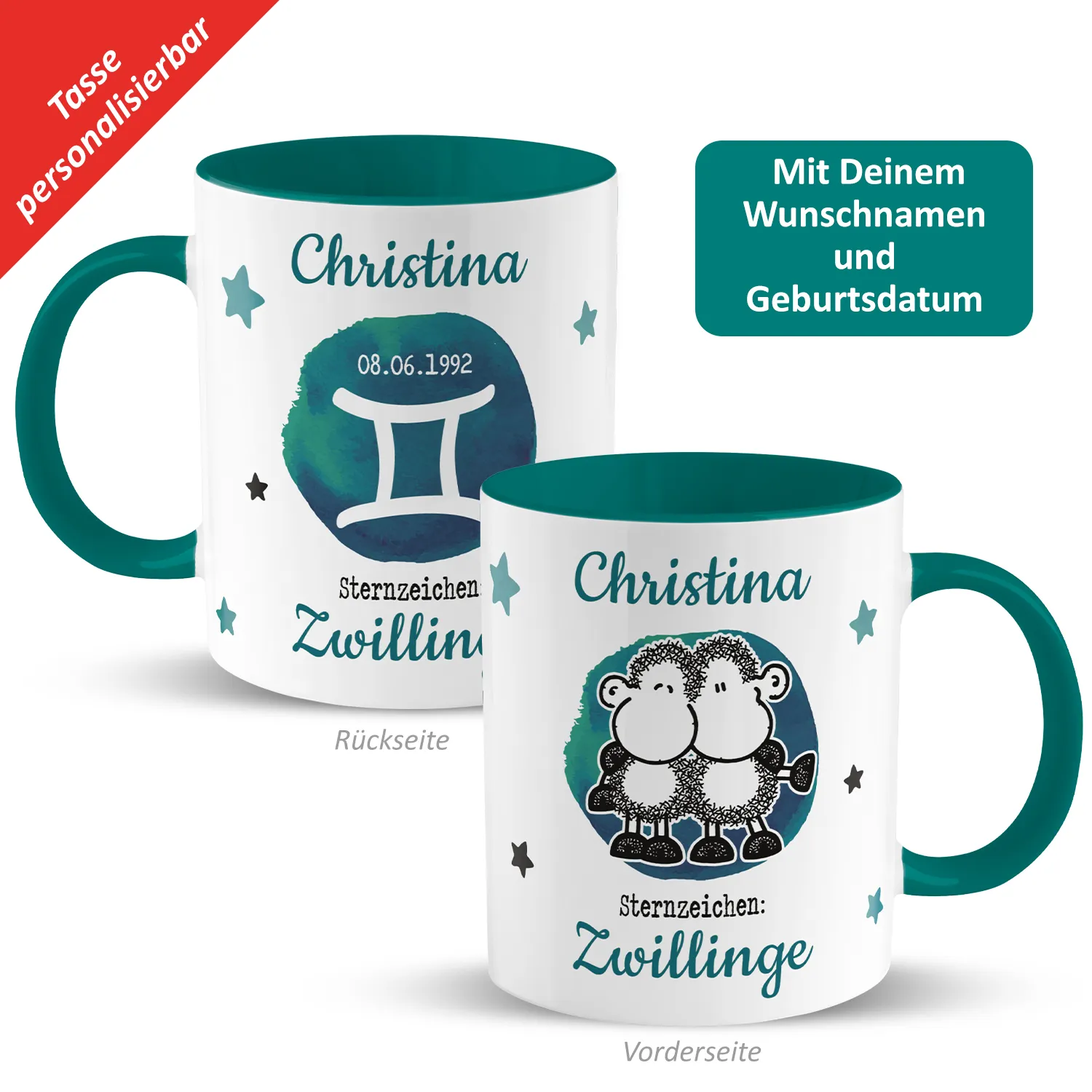 Tasse mit Sternzeichen »Zwillinge«, mit Namen und Geburtsdatum, petrol, personalisiert
