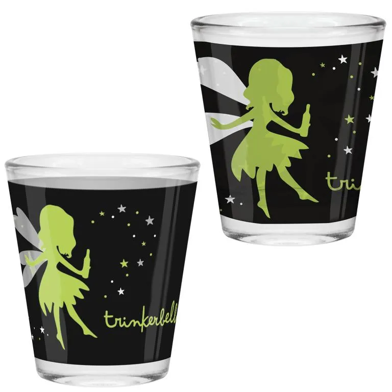 Zwei Schnapsgläser mit schwarzem Motiv, lime-Grün Feen-Silhouette und Sternchen, 60 ml