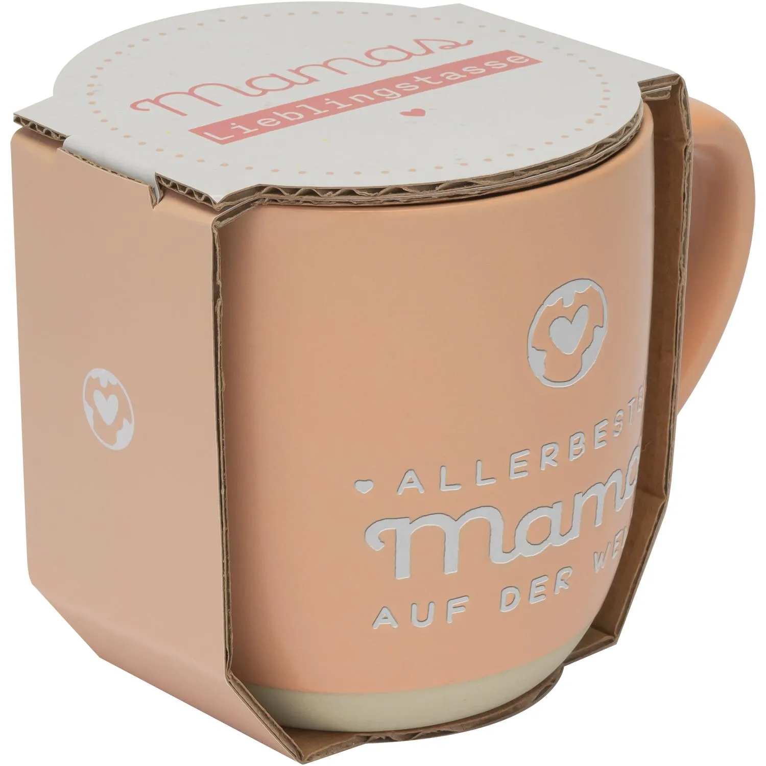 Pastell-pfirsichfarbene Steinzeug-Tasse mit Allerbeste Mama auf der Welt-Druck und Geschenkband.