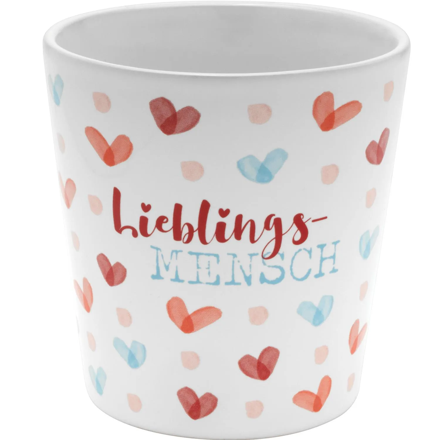 Weiße Keramiktasse mit Pastellherzen und Lieblingsmensch-Schriftzug