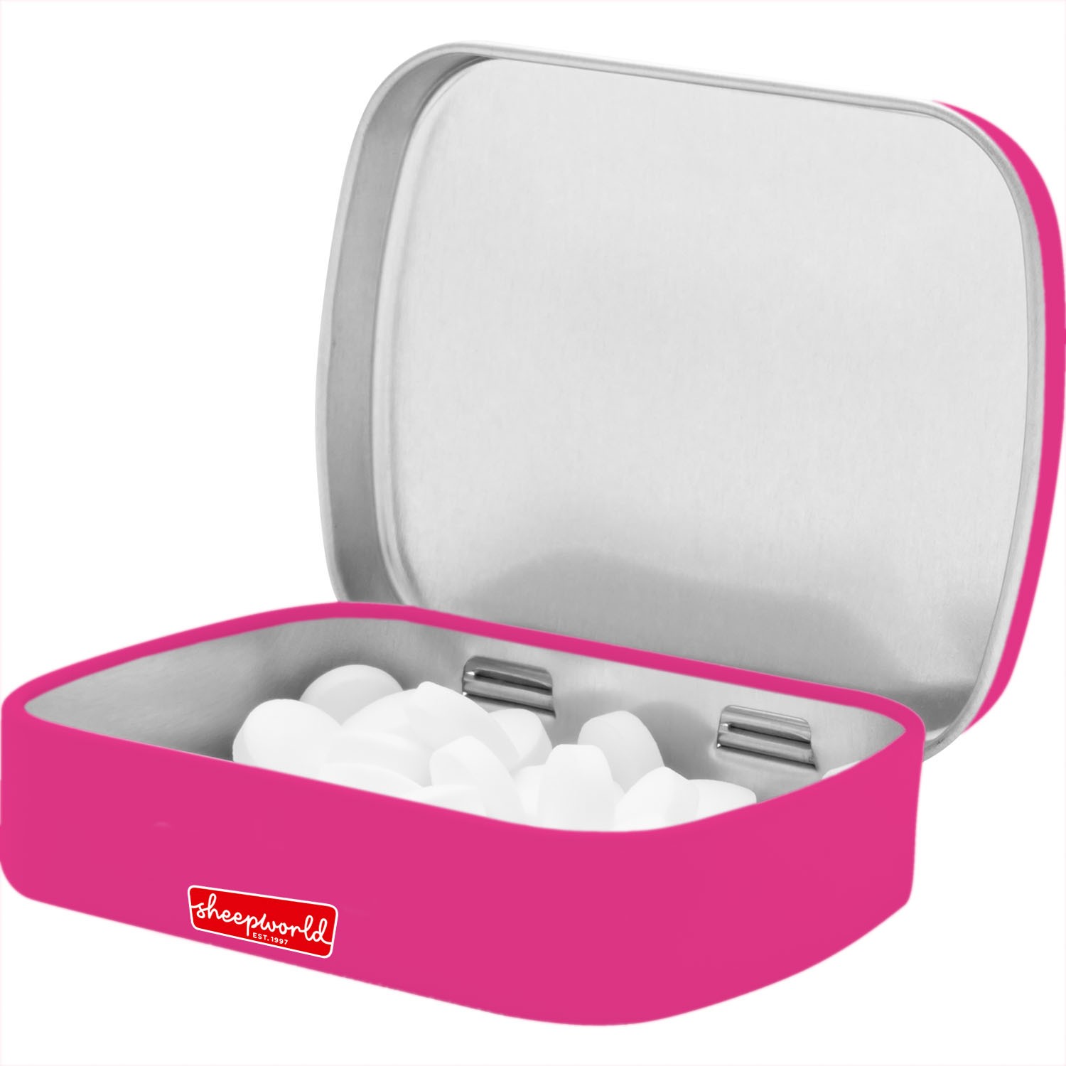 Rosa Mintdose aus Metall mit weißen Pastillen und Sheepworld-Logo