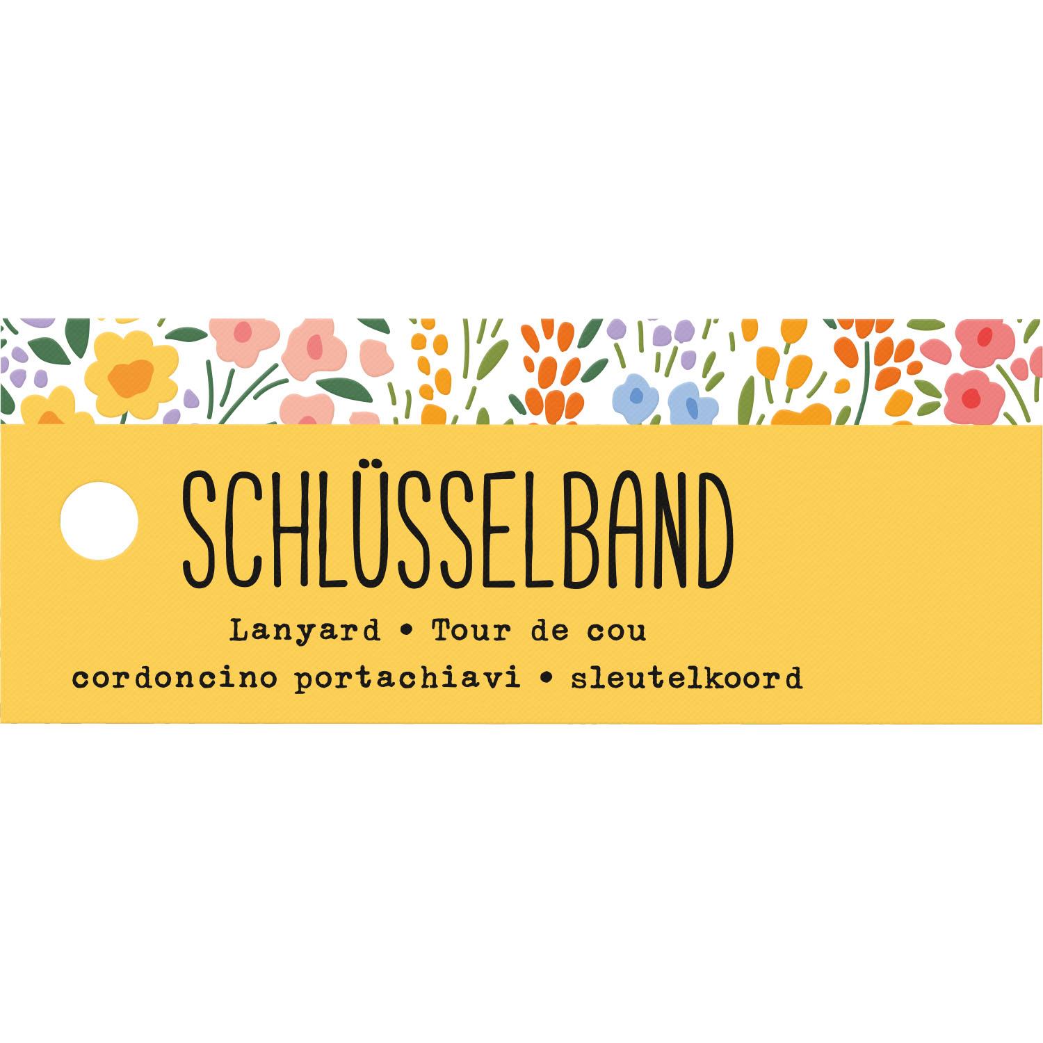 Gelbes Schlüsselband mit floralem Rand und schwarzem Schriftzug SCHLÜSSELBAND