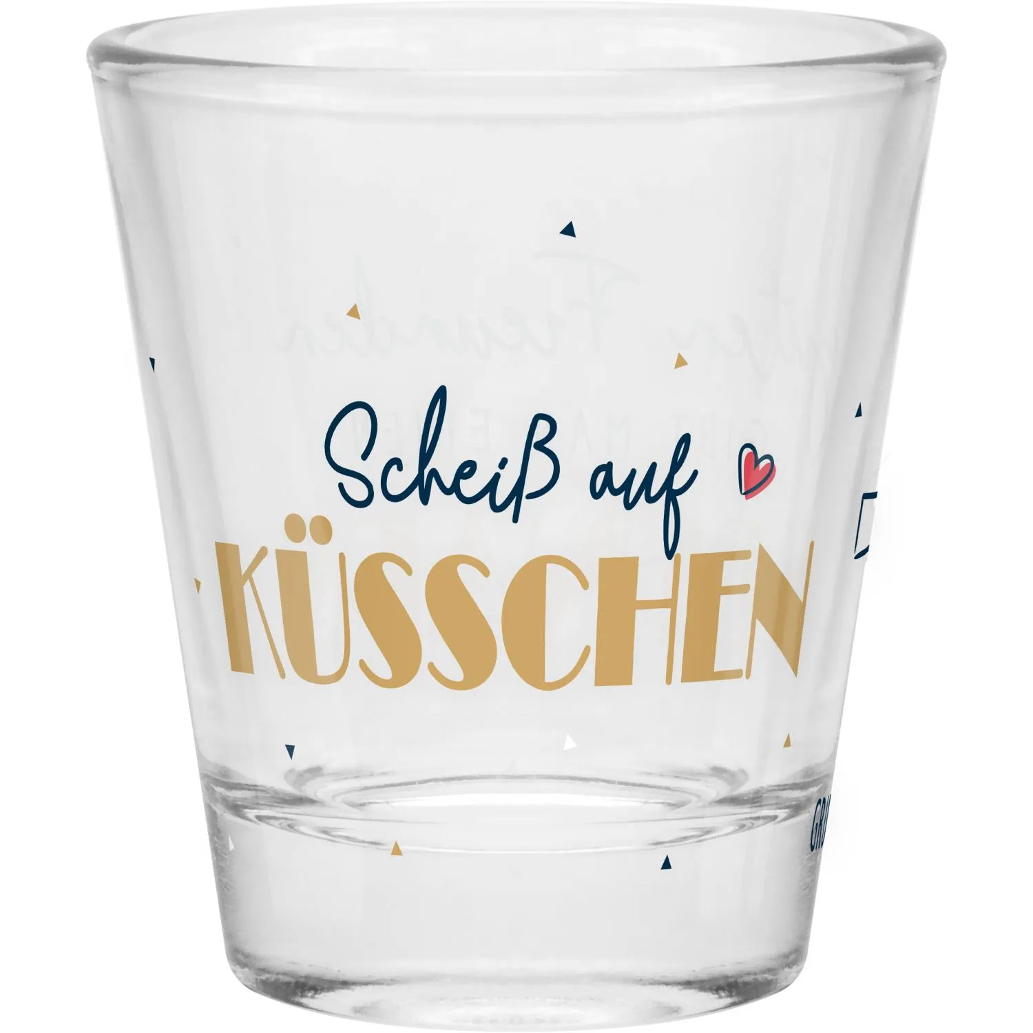 Schnapsglas mit goldenem Schriftzug 'Küsschen' in Blau auf klarem Glas