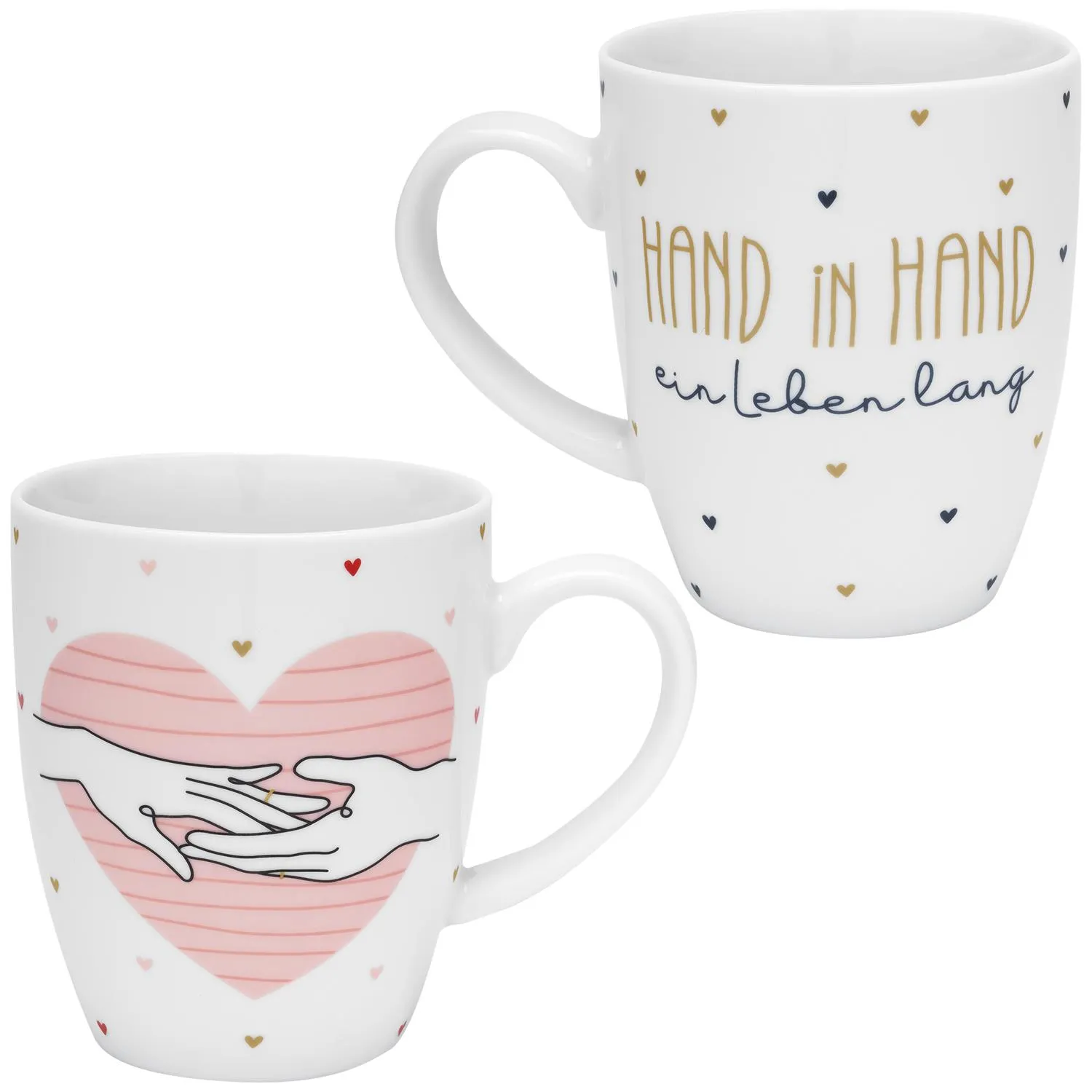 Zwei Porzellan-Tassen im Set mit Herz-Hand-Motiv und Schriftzug HAND in HAND.
