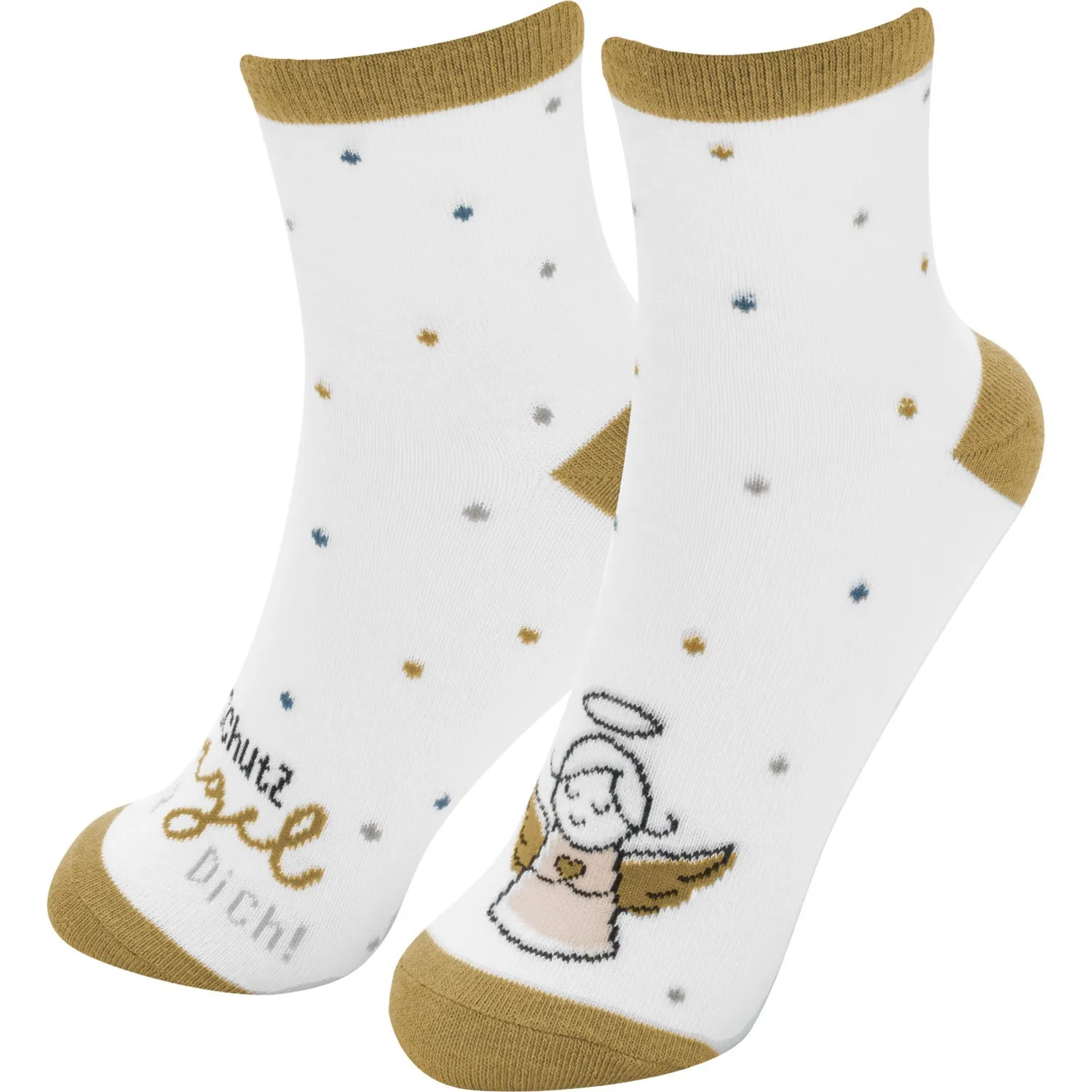 Weiße Socken mit Engel-Motiv, goldenen Akzenten und gepunktetem Muster.