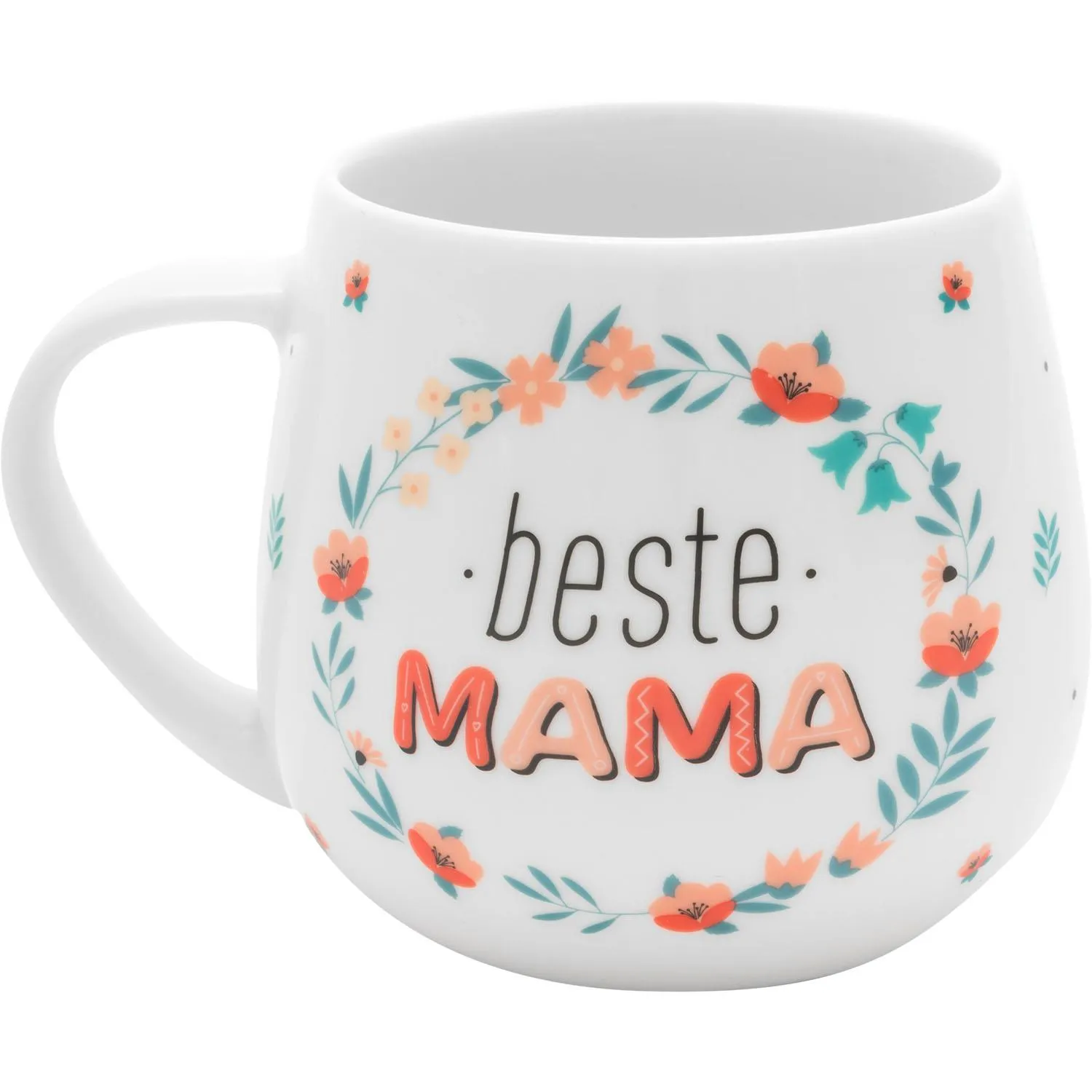Weiße Porzellan-Tasse mit rosafarbener Schrift 'Beste Mama' und Blumenkranz