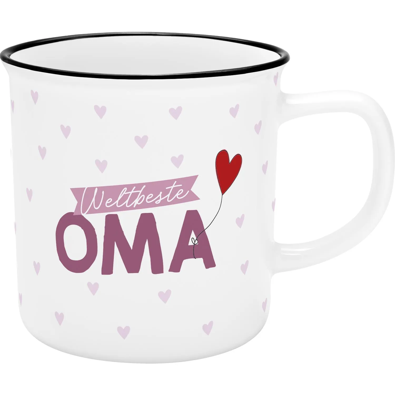 Weiße XL-Tasse mit 'Weltbeste Oma' Aufdruck und rosa Herzen im Emaille-Look