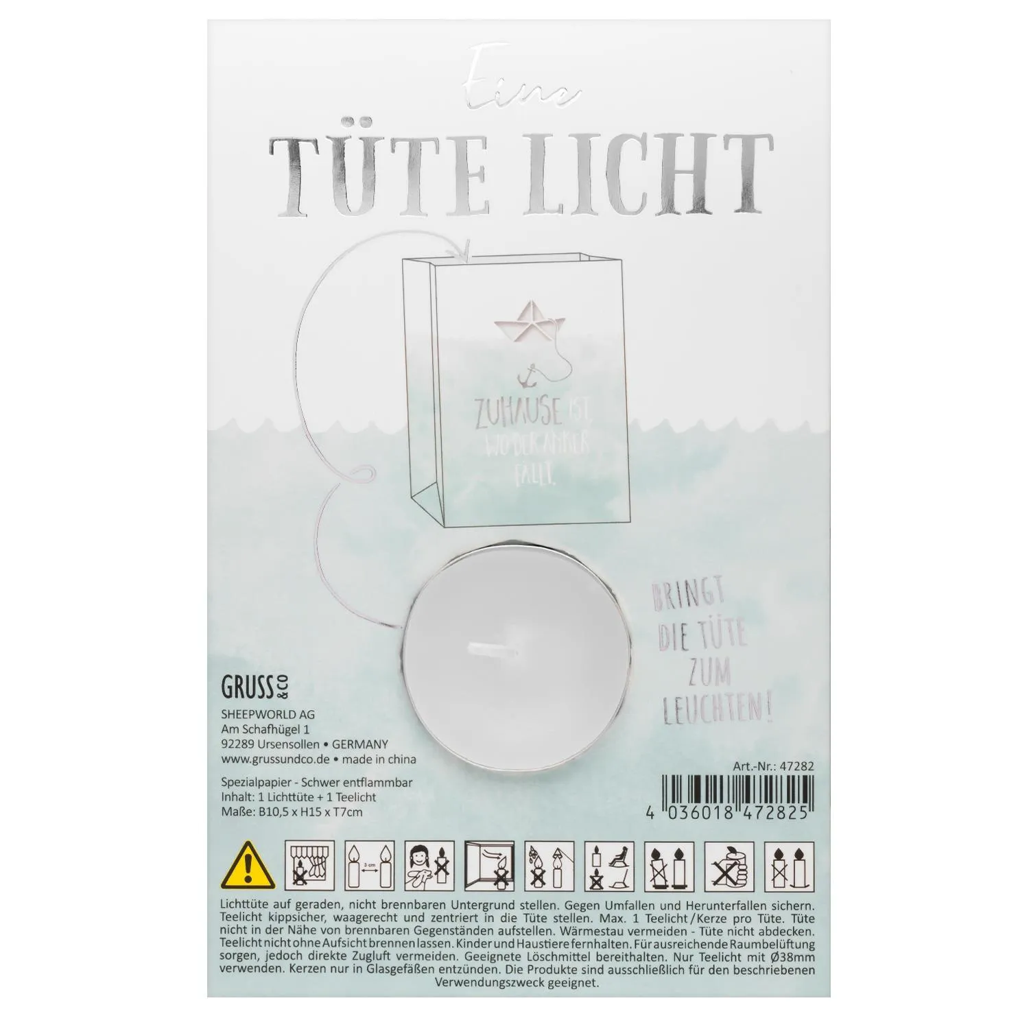 Lichttüte mit maritimem Anker-Motiv aus schwer entflammbarem Papier, inkl. Teelicht