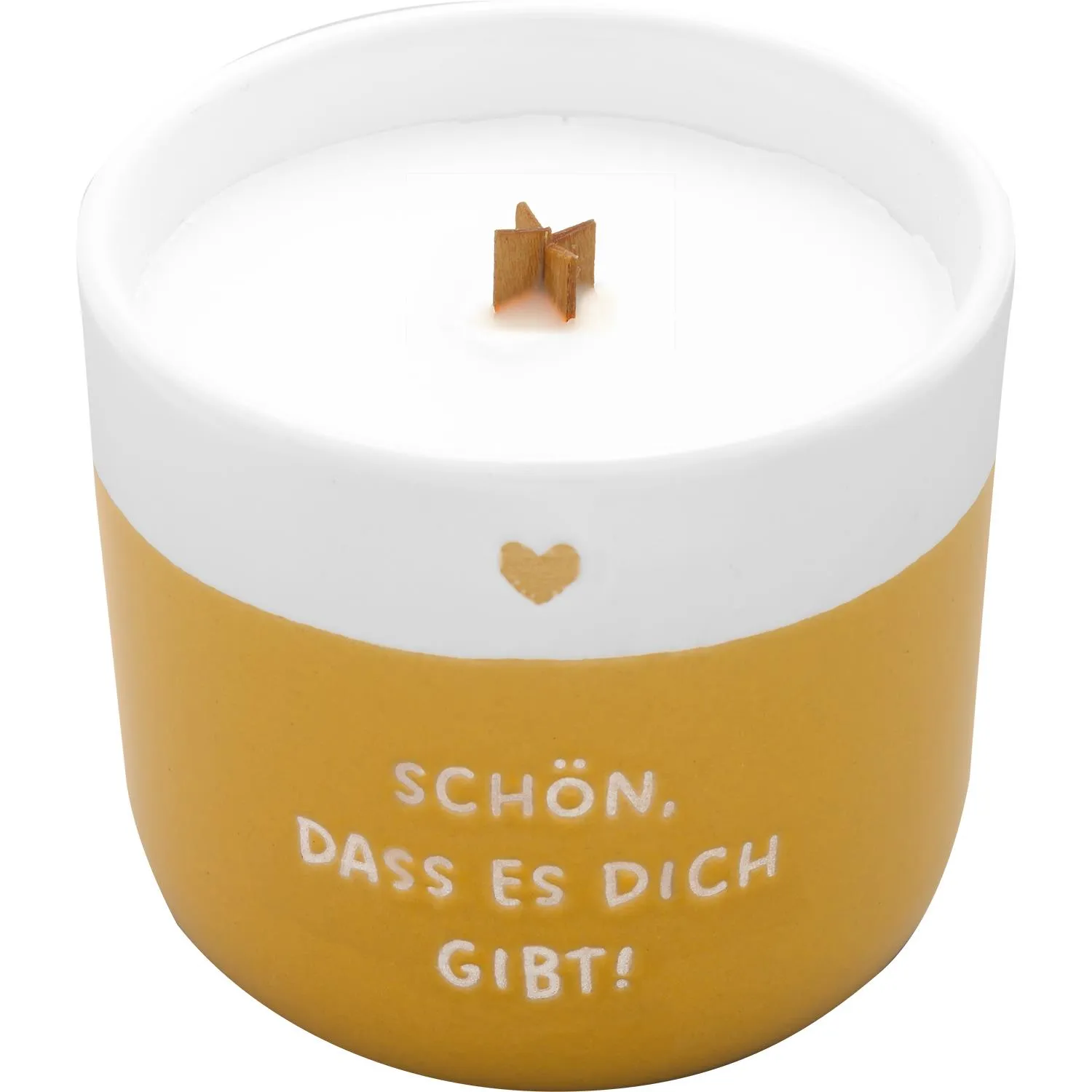 Senfgelbe Knisterkerze in Steinzeuggefäß mit Herz-Motiv und Holzdocht