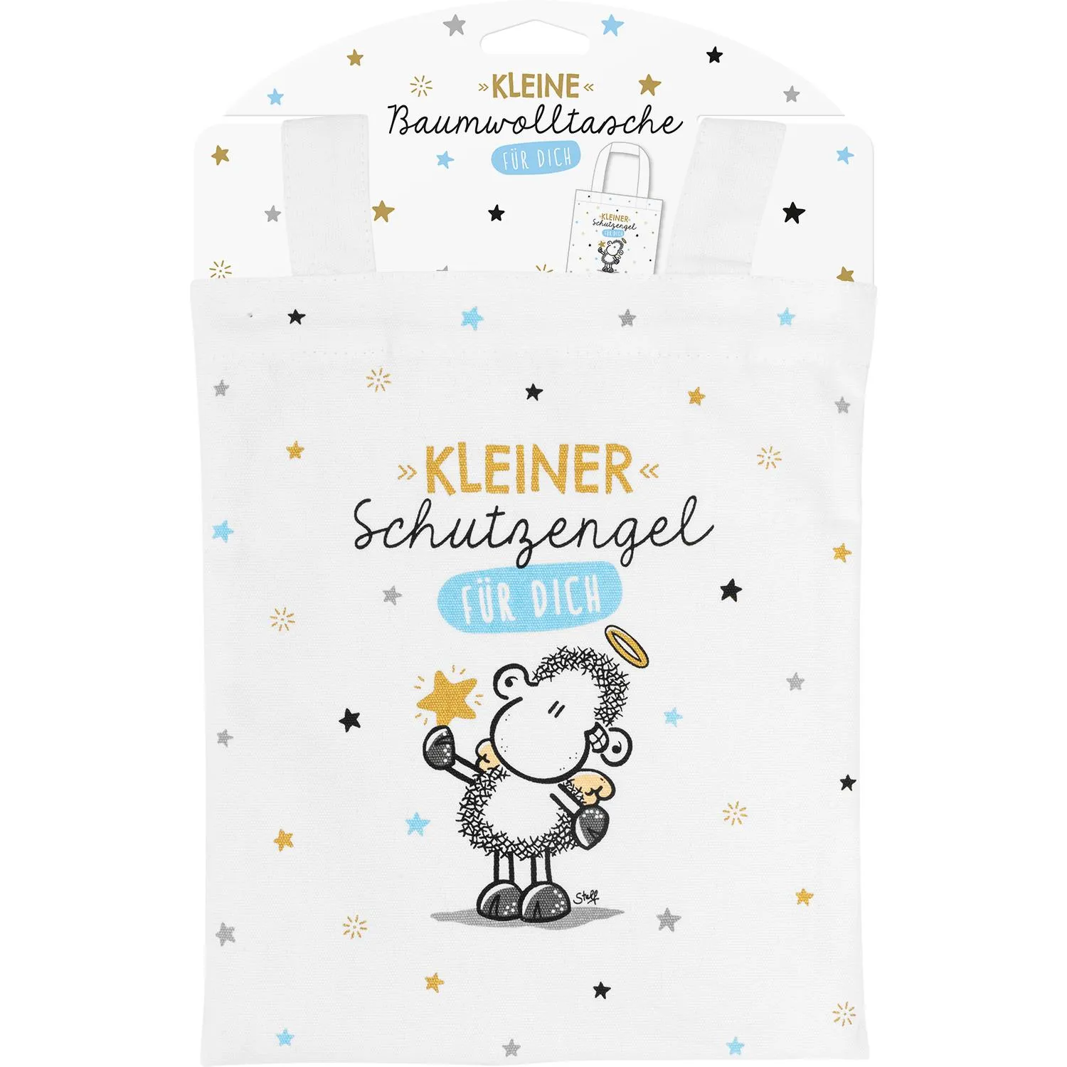 Weiße Baumwolltasche mit Schutzengel-Motiv und Sternen, Golddruck