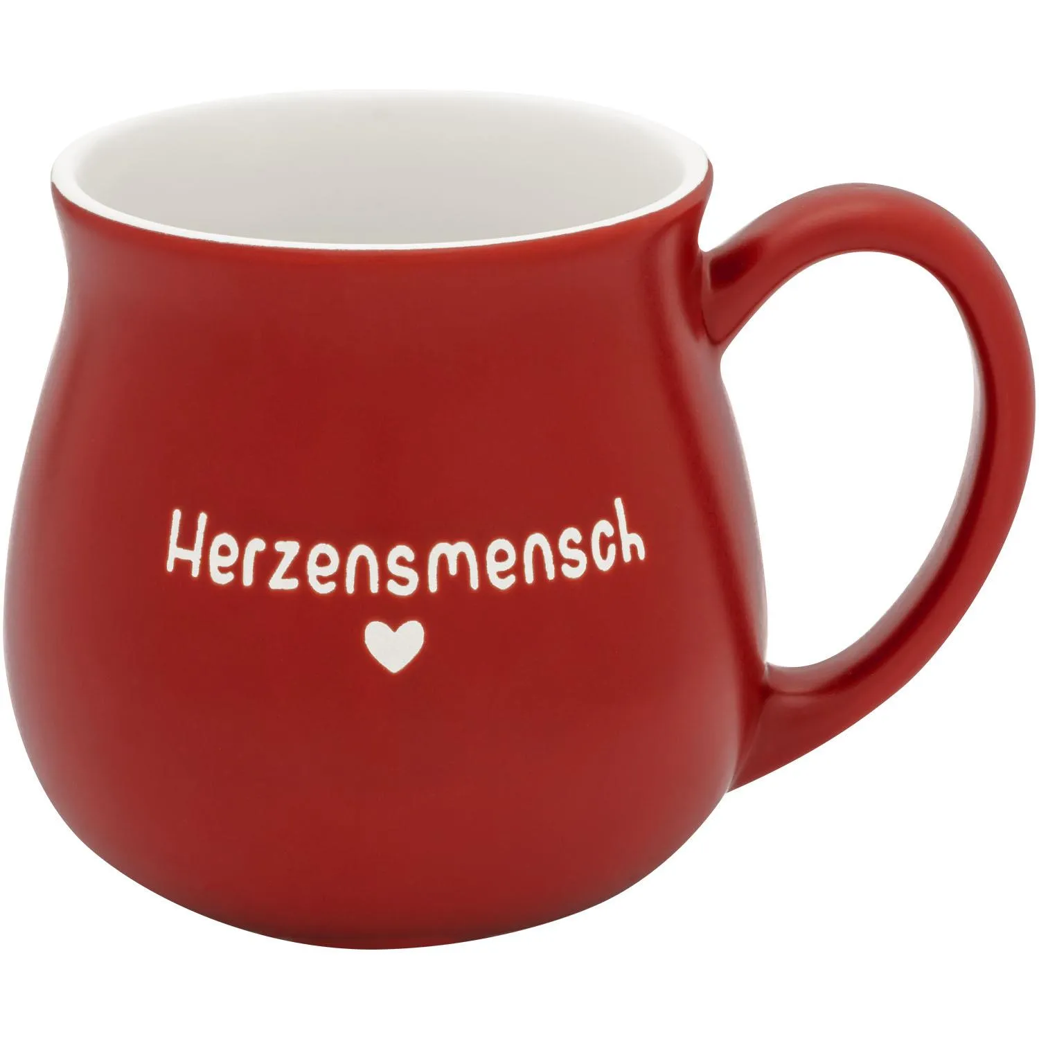 Rote bauchige Steinzeug-Tasse mit weißem Innenraum und Schriftzug Herzensmensch