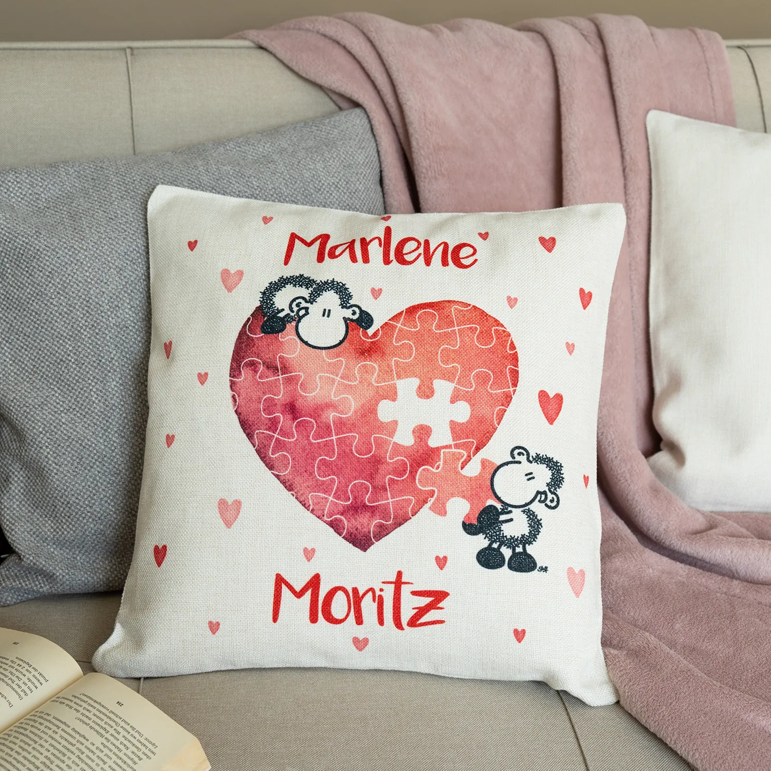 Kissen für Verliebte »Puzzle« mit Wunschnamen, Canvas-Optik, personalisiert
