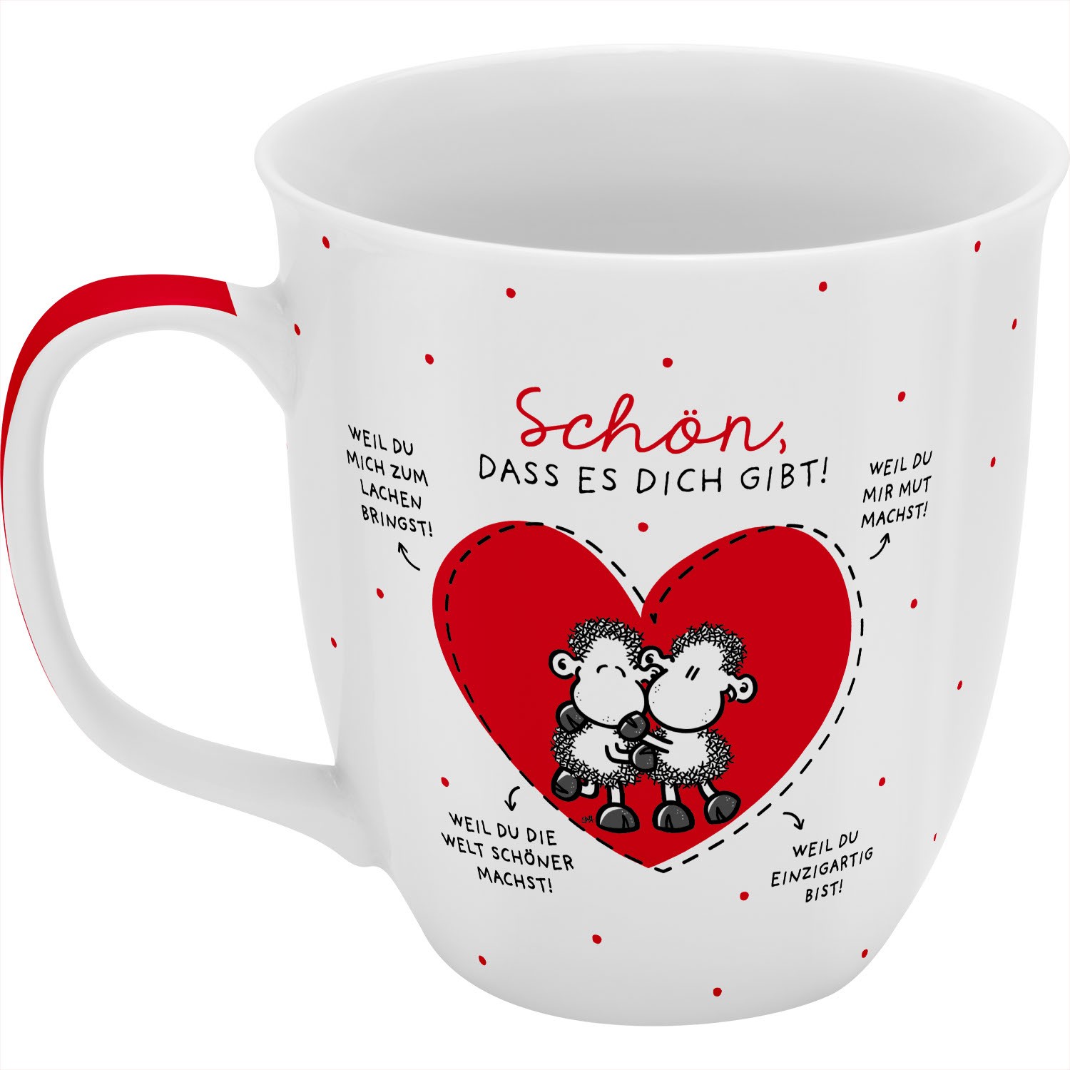 Große Porzellantasse mit rotem Herz und zwei Schäfchen im Sheepworld-Stil.