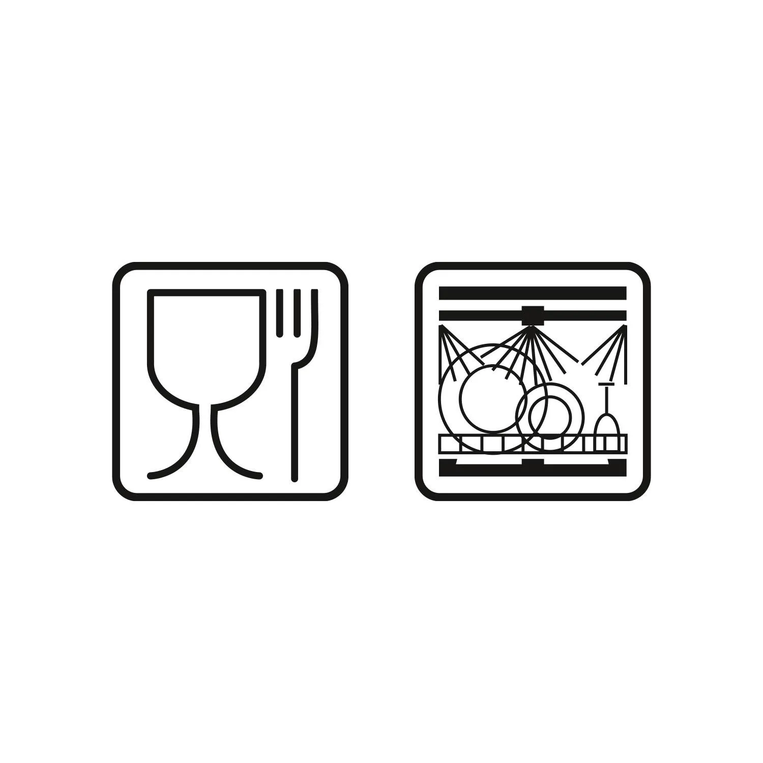Zwei schwarze Icons: Weinglas-Symbol und Geschirr-/Spül-Symbol auf weißem Hintergrund.