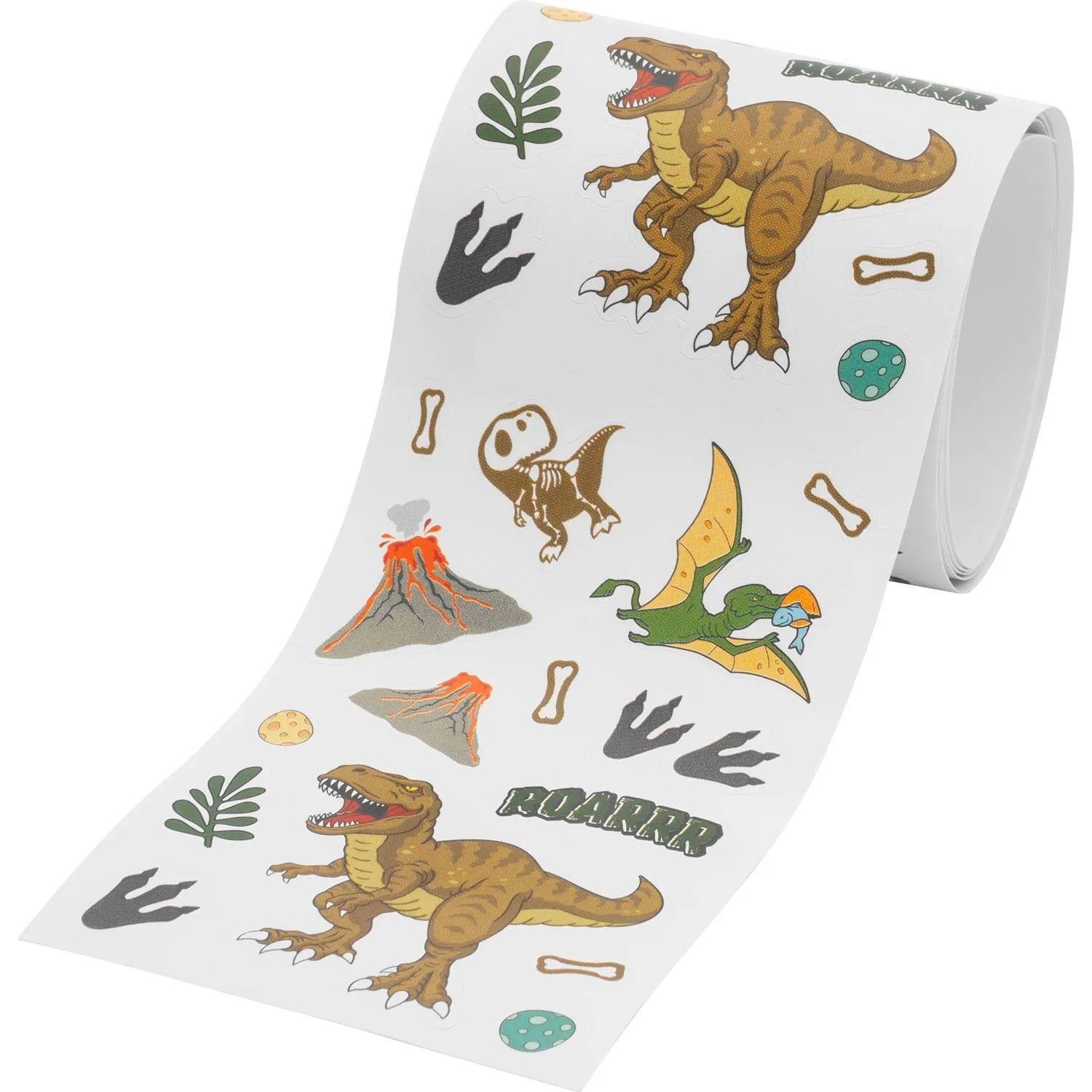 Stickerrolle »Dino« mit bunten Dinosaurier-Stickern auf weißem Hintergrund, 80 cm lang, 5 cm breit.