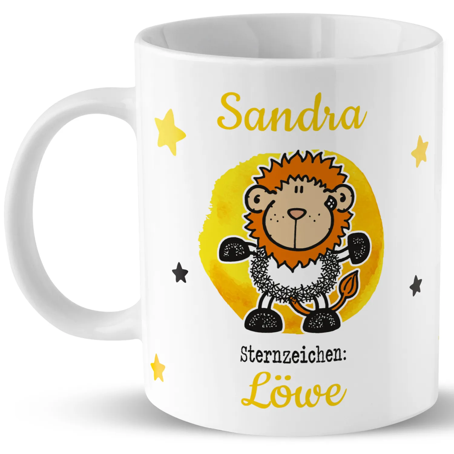 Weiße Porzellan-Tasse mit Löwen-Motiv, Namenszug Sandra und Sternzeichen Löwe.