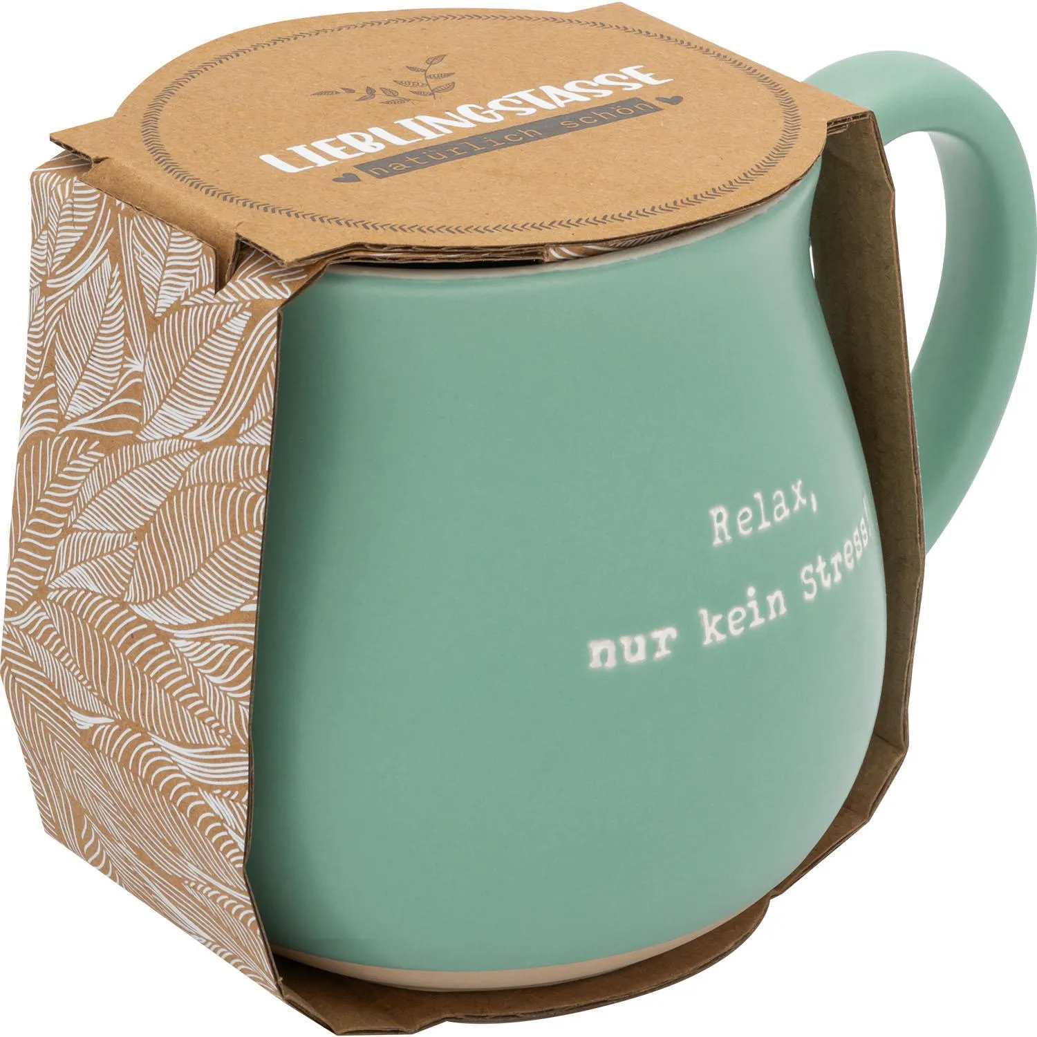 Pastellgrüne bauchige Lieblingstasse Relax mit weißem Schriftzug 'Relax, nur kein Stress'