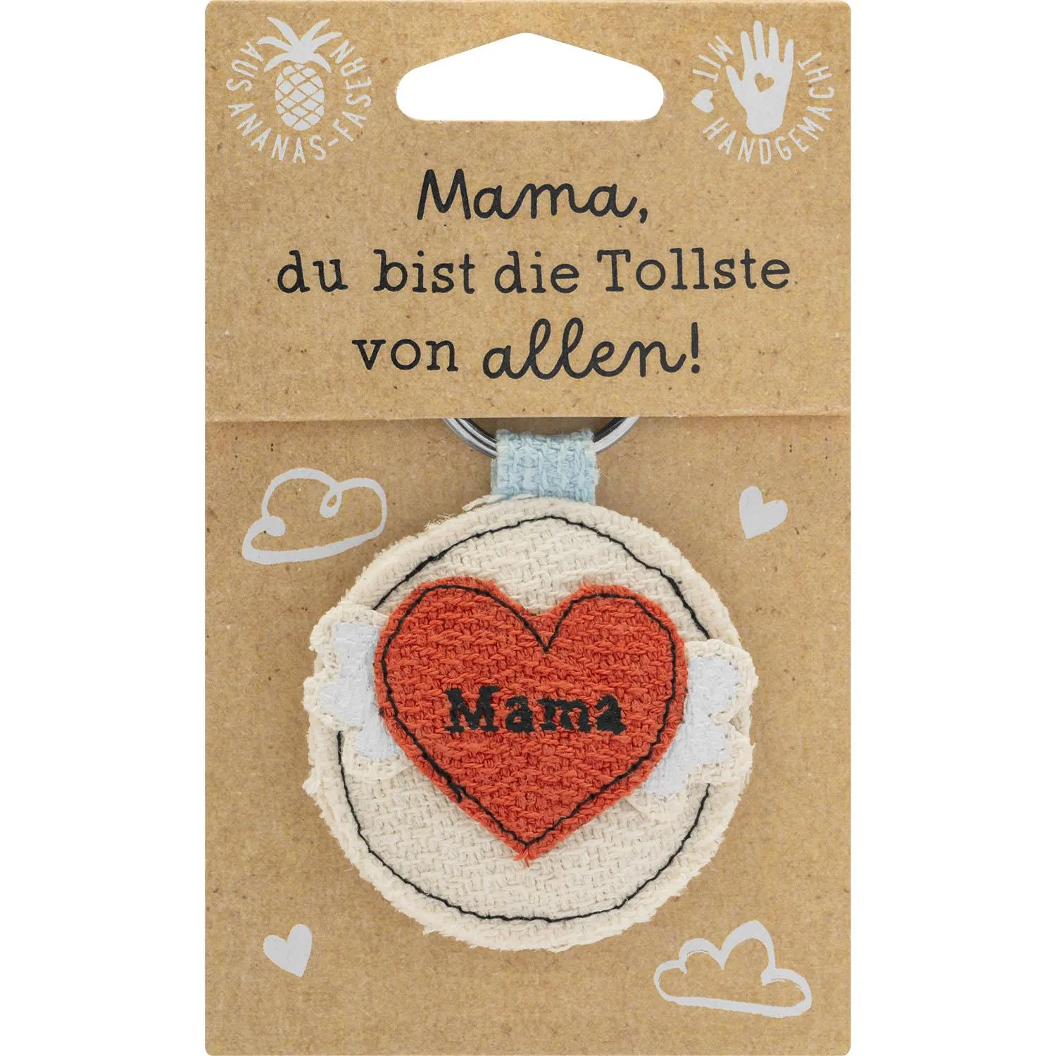 Schlüsselanhänger mit rotem Herz 'Mama' auf beigem, gewebtem Kreis aus Ananasblattfaser