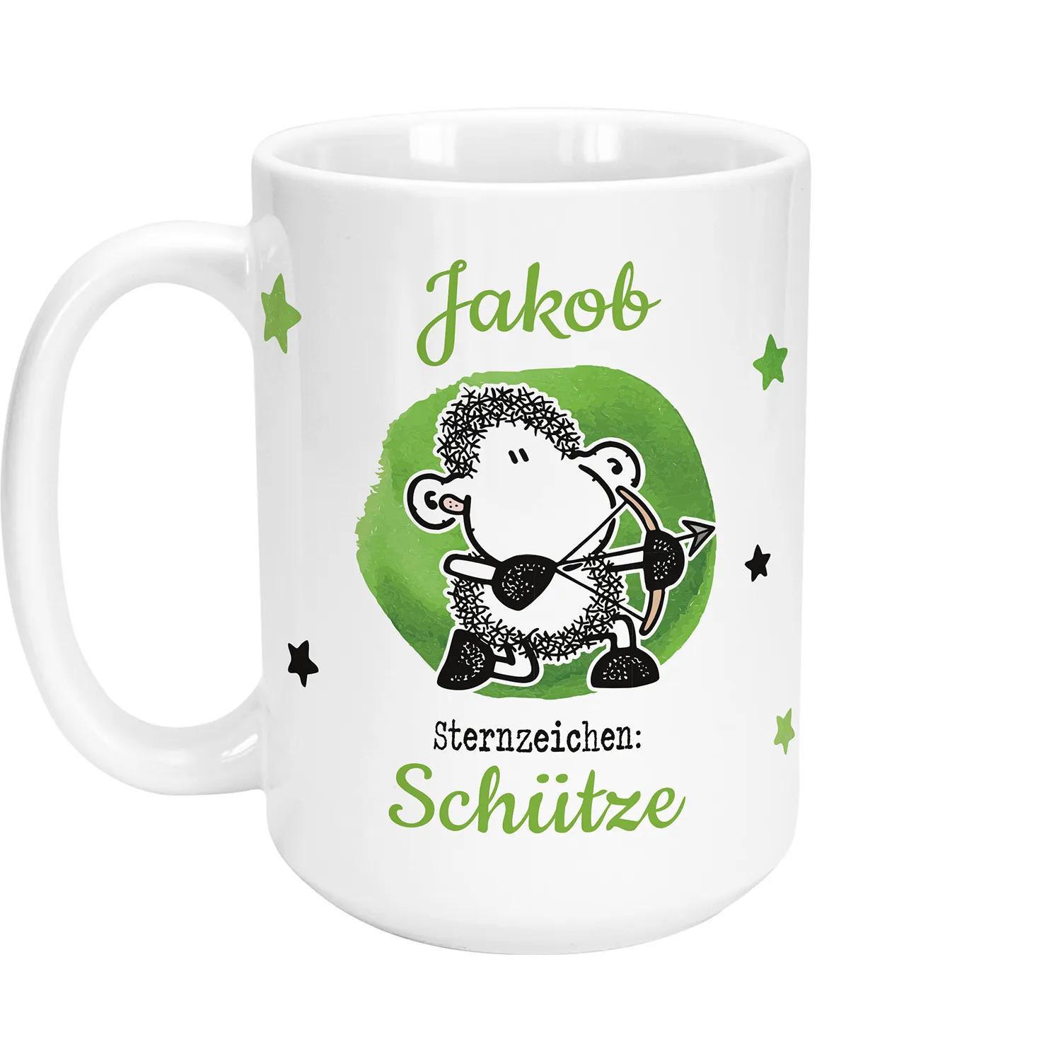 Personalisierte weiße Keramik-Tasse mit grünem Schaf-Motiv und Sternzeichen Schütze