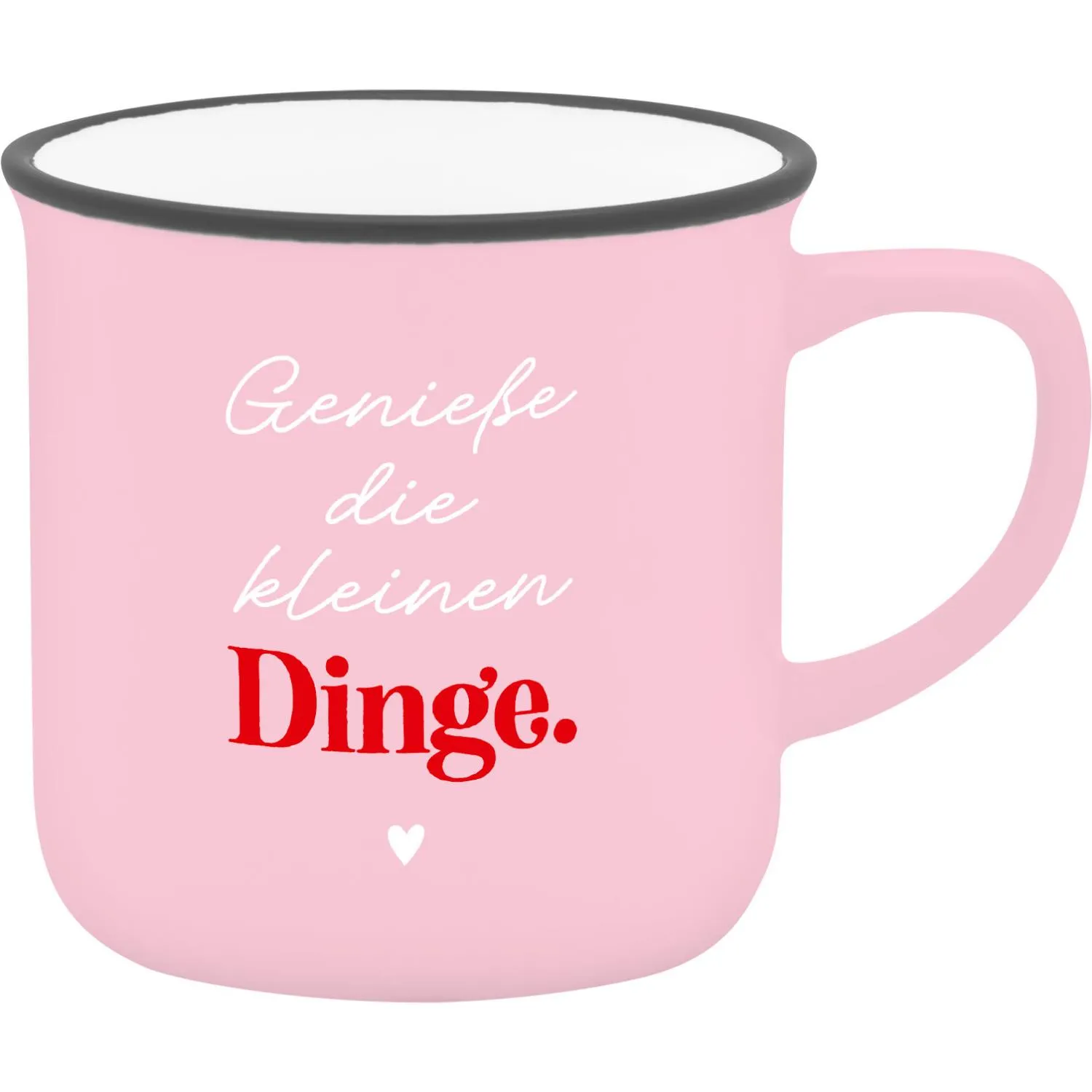 Pinker Espressobecher mit weißem Schriftzug Genieße die kleinen Dinge und kleinem Herz.