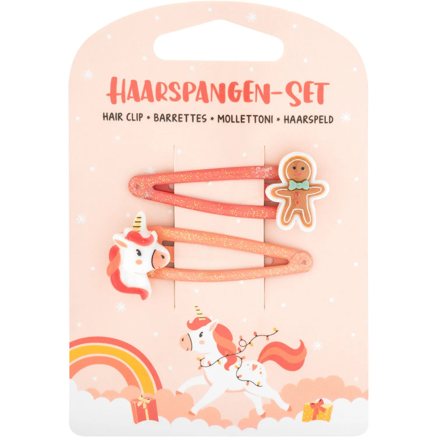 Zweier-Set pink-glitzer Haarspangen mit Einhorn-Anhänger auf pastellrosa Headercard
