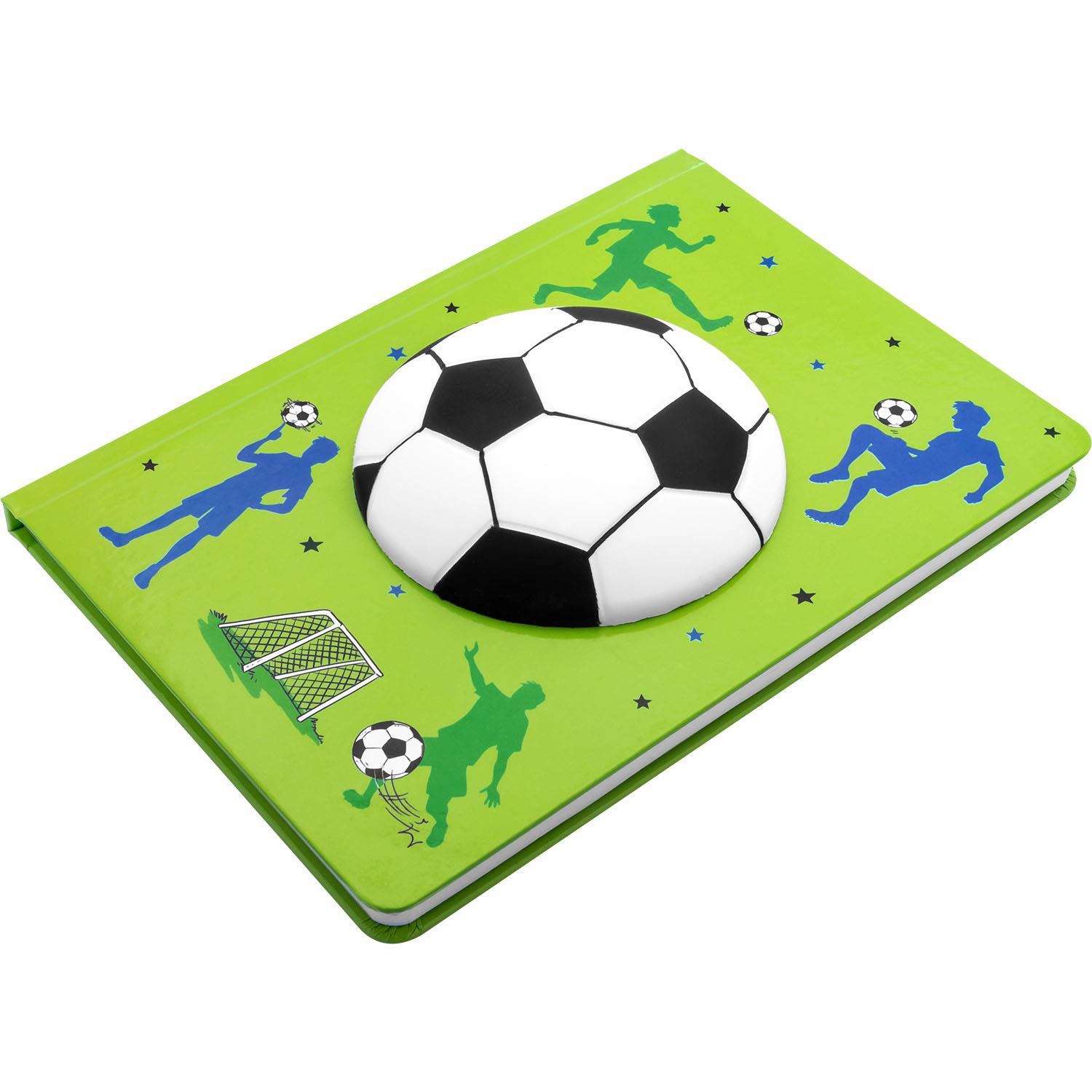 Notizbuch mit grünem Fußballdeckel, 3D-Ball vorne, Silhouetten