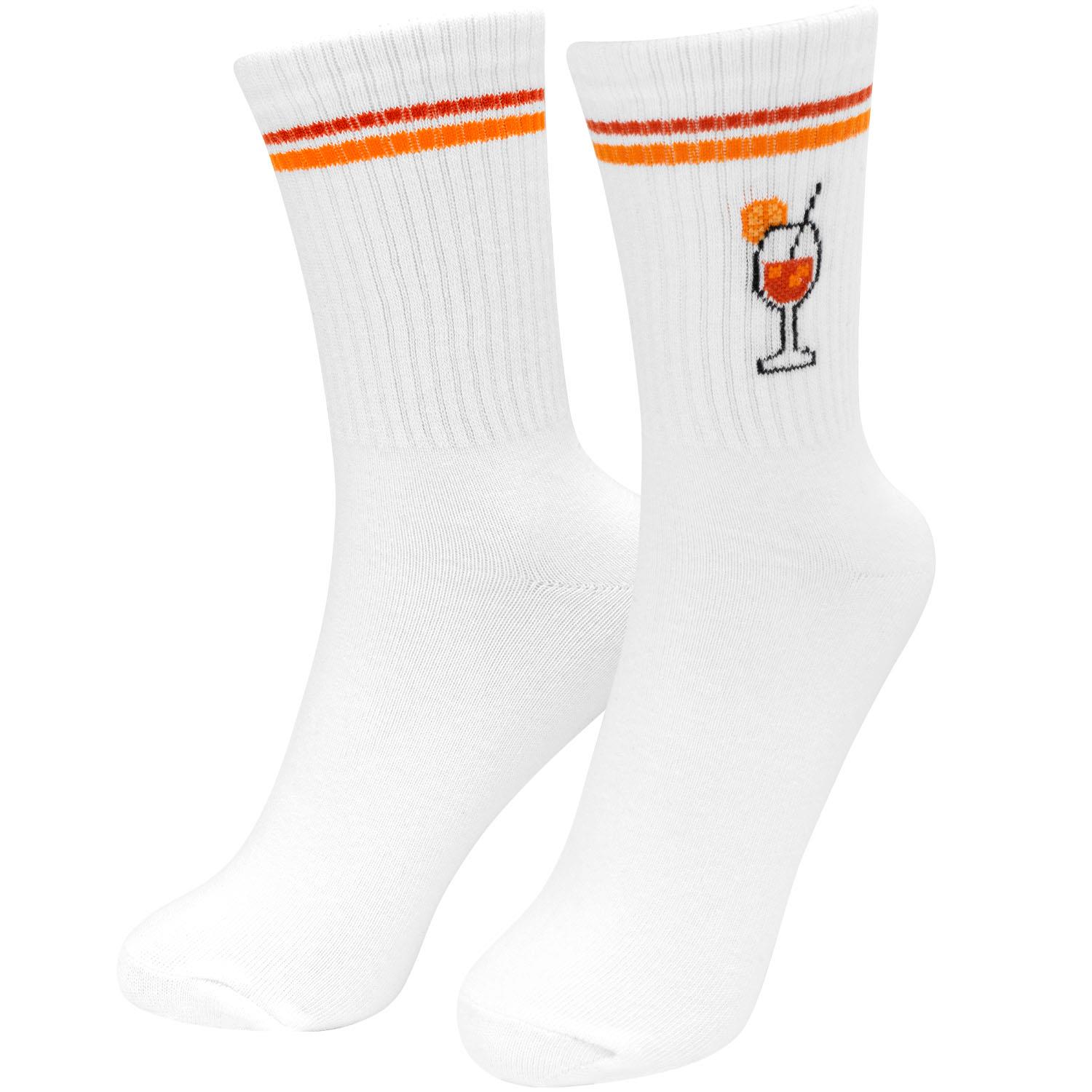 Weiße Socken mit orangefarbenen Streifen und Cocktail-Motiv