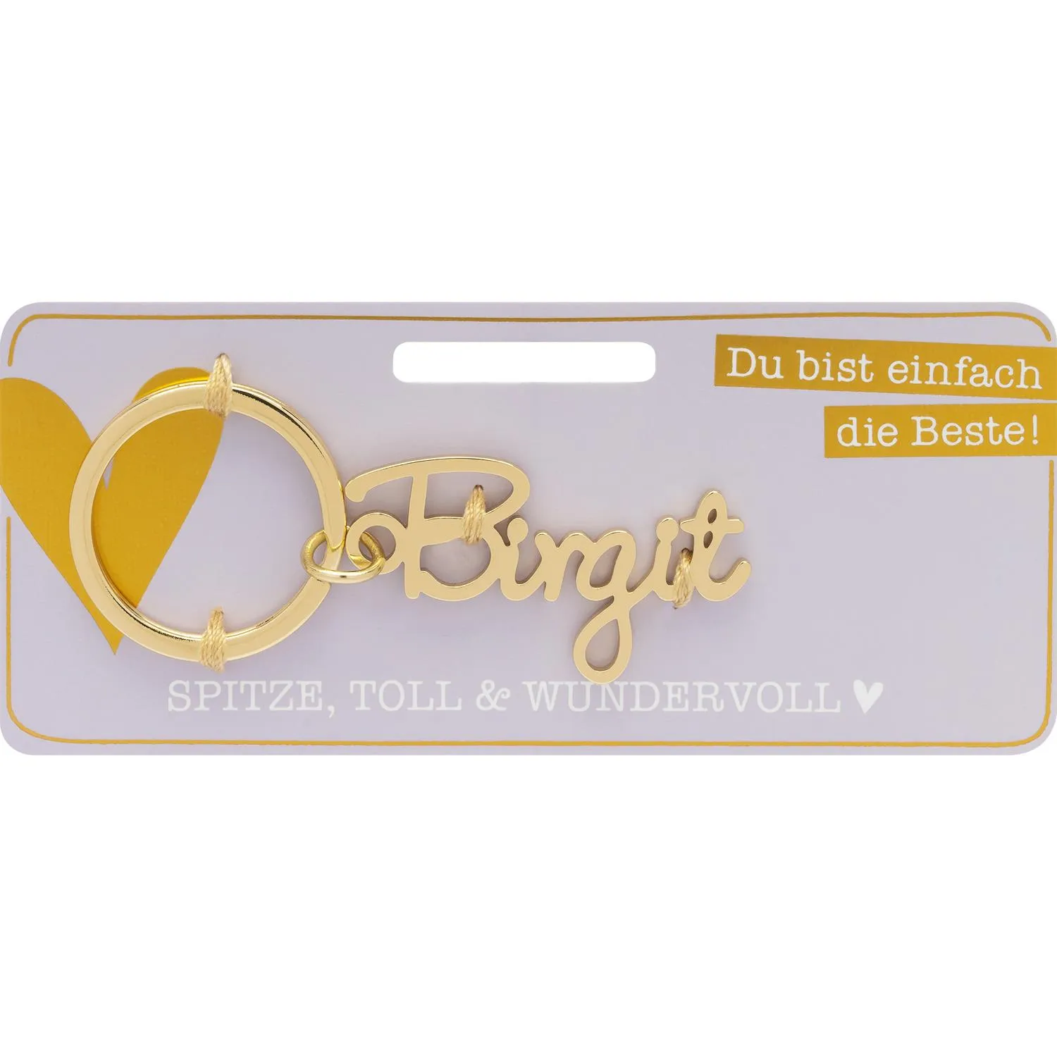 Goldener Namens-Schriftzug Birgit als Schlüsselanhänger auf pastell-lila Verpackung