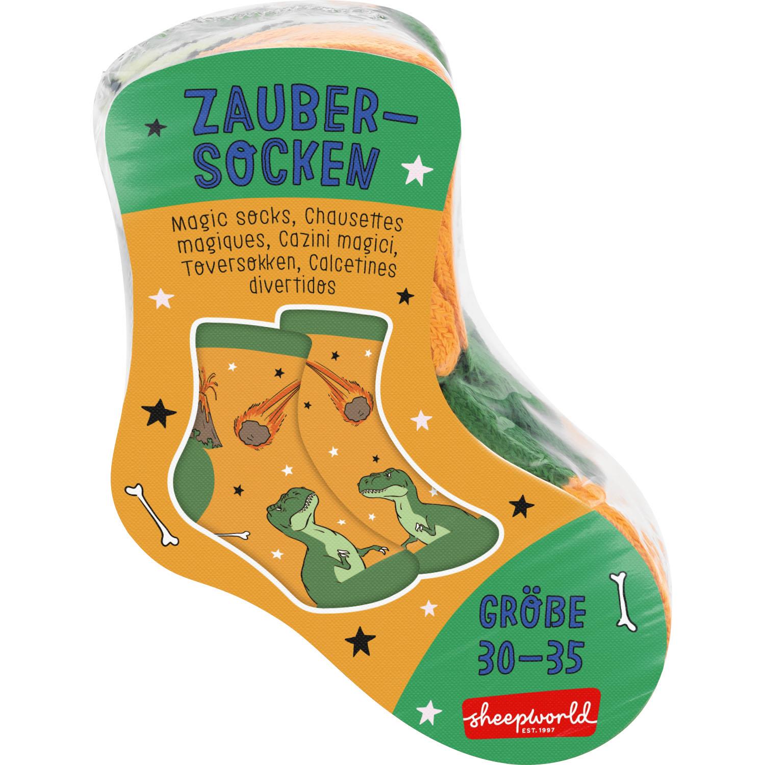 Zaubersocken mit Dinosaurier-Design in Grün-Orange, Größe 30-35