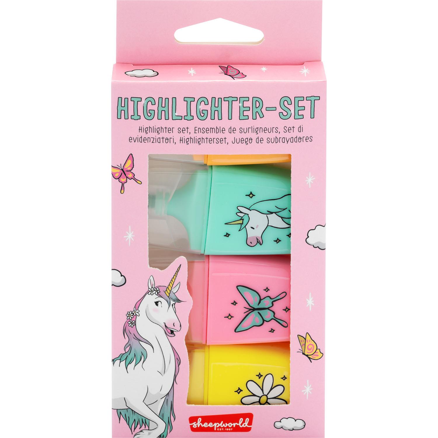 Pastellfarbenes Highlighter-Set mit Einhorn-Motiven in Geschenkbox