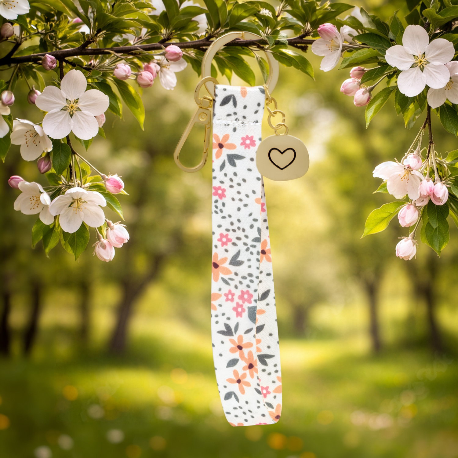 Blumiges Schlüsselband mit goldenem Karabiner und Herz-Anhänger