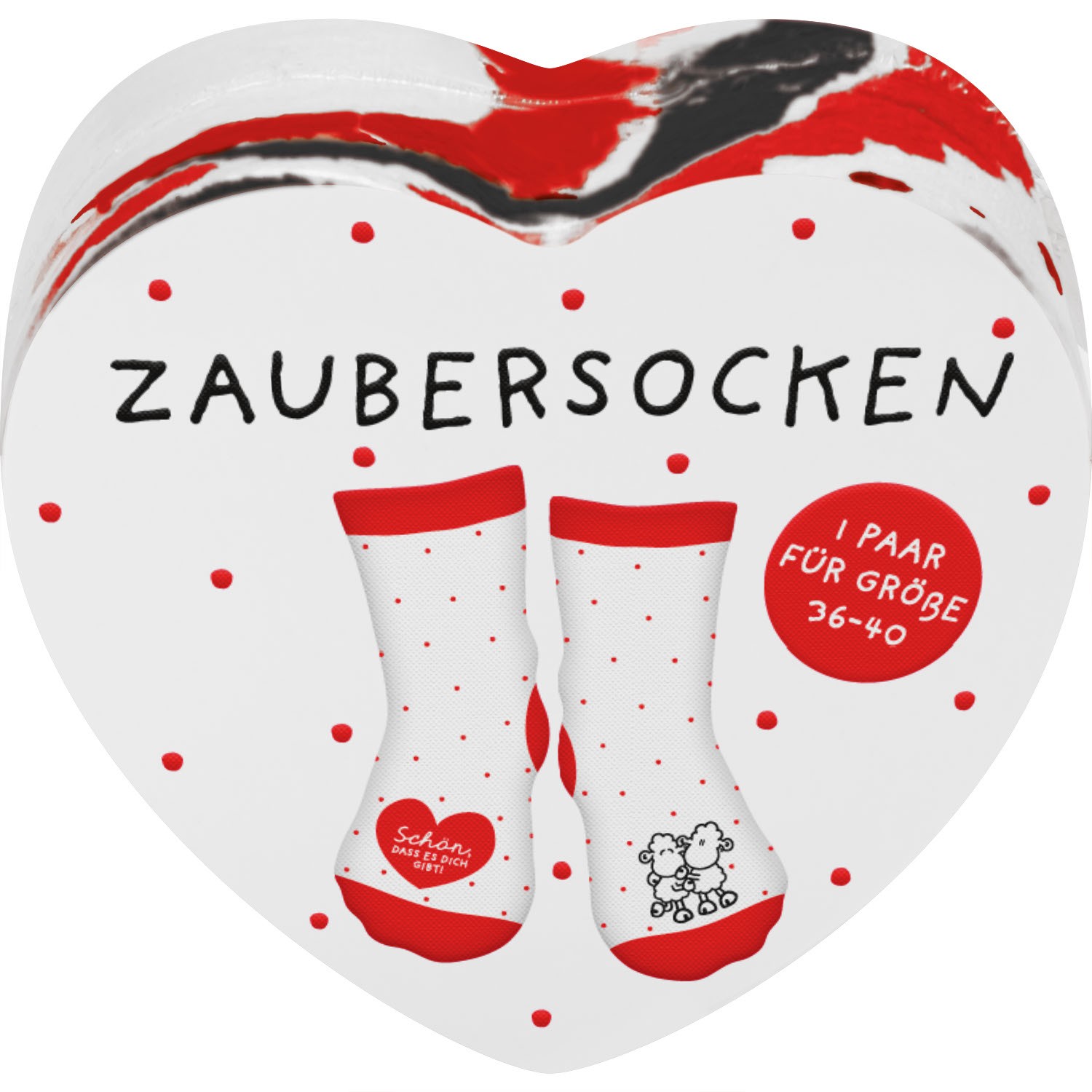 Zaubersocken in Herzverpackung, weiße Socken mit roten Details und Schäfchen-Motiv.