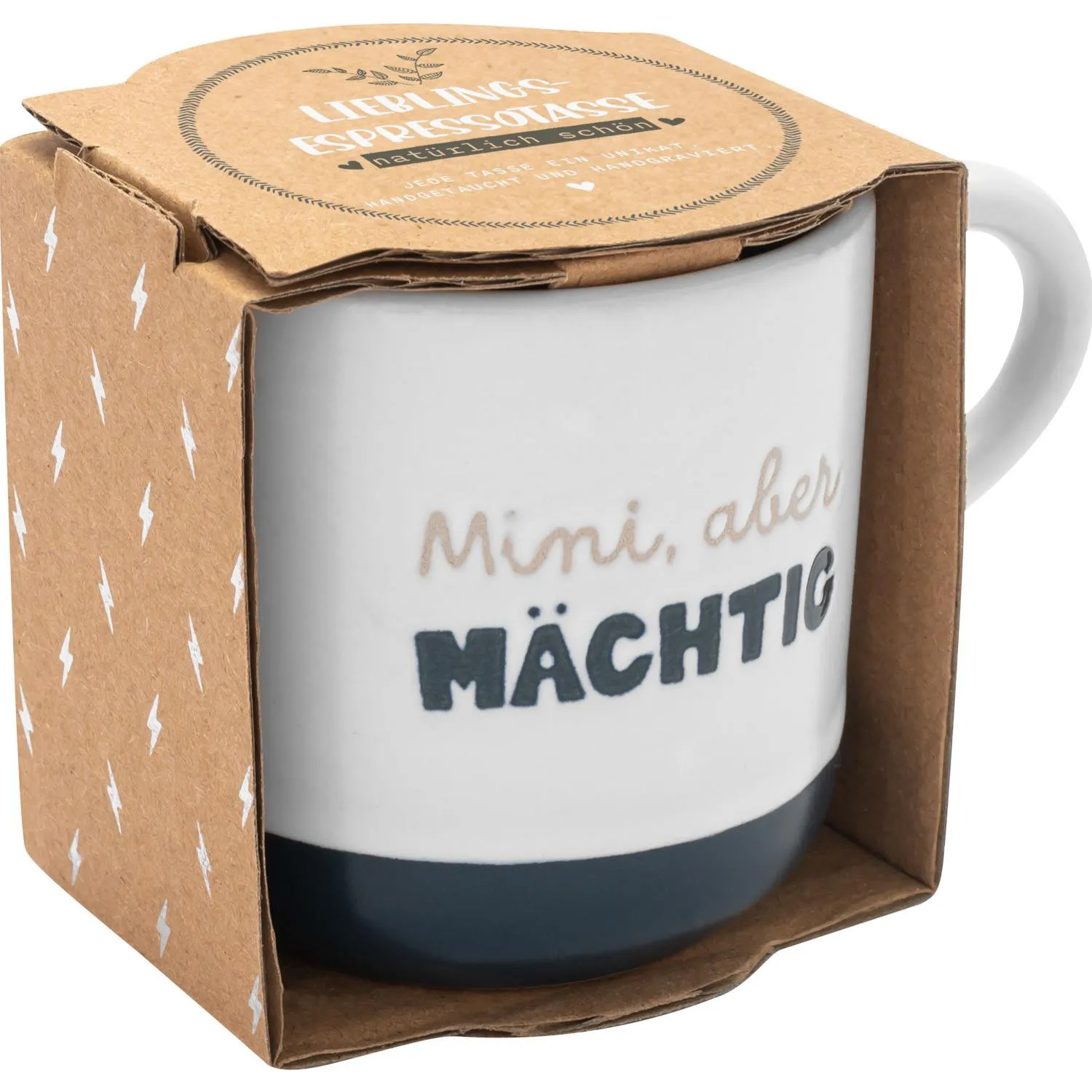 Weiße Espressotasse mit dunkelblauem Boden und dem Text 'Mini, aber Mächtig' in schwarzer Typografie.