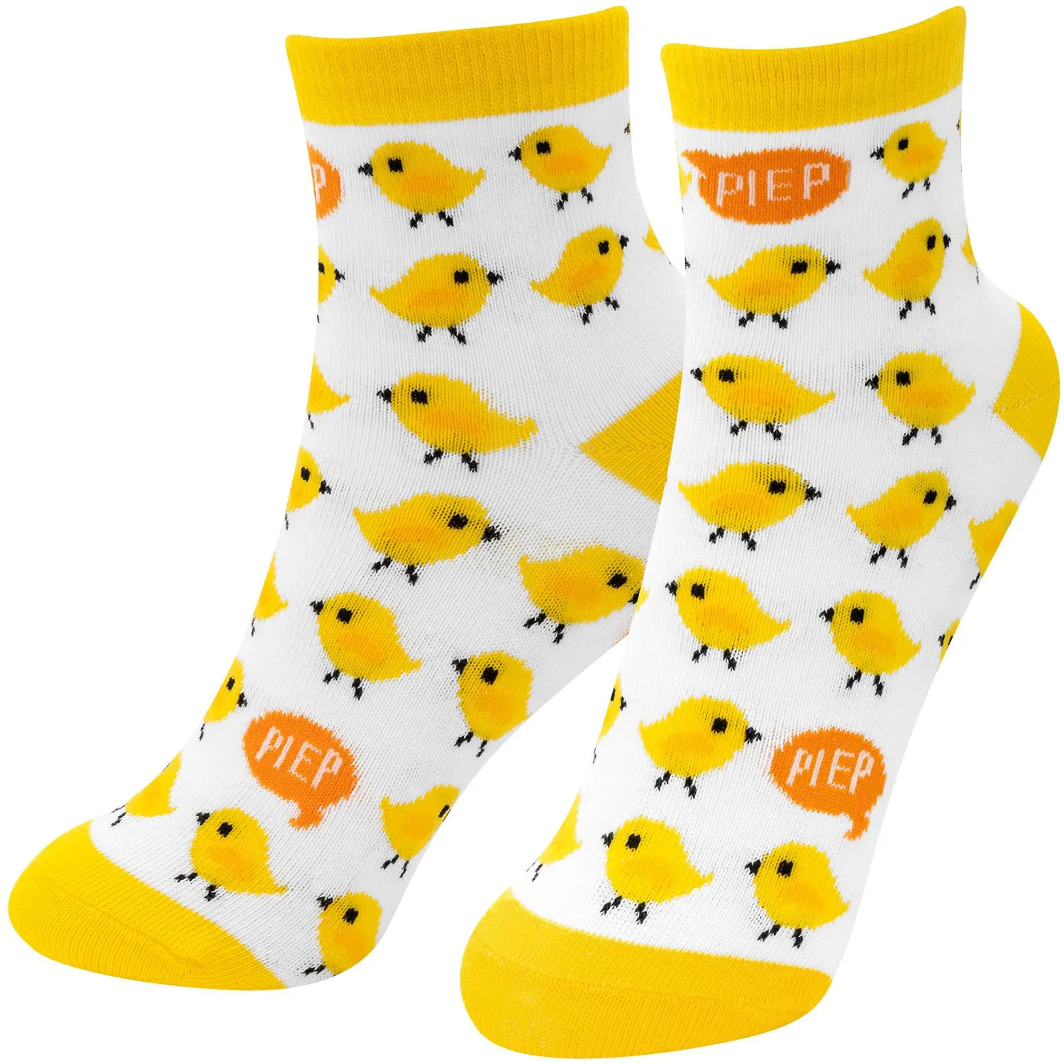 Weiße Kindersocken mit gelben Küken-Motiven, Piep-Sprechblasen und Eierformen – Ostergeschenk