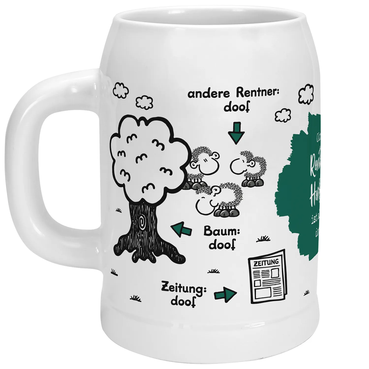 Weißer Keramik-Bierkrug mit Schäfchen-Motiv und Spruch 'Ohne Rentner ist alles doof' – personalisierbar